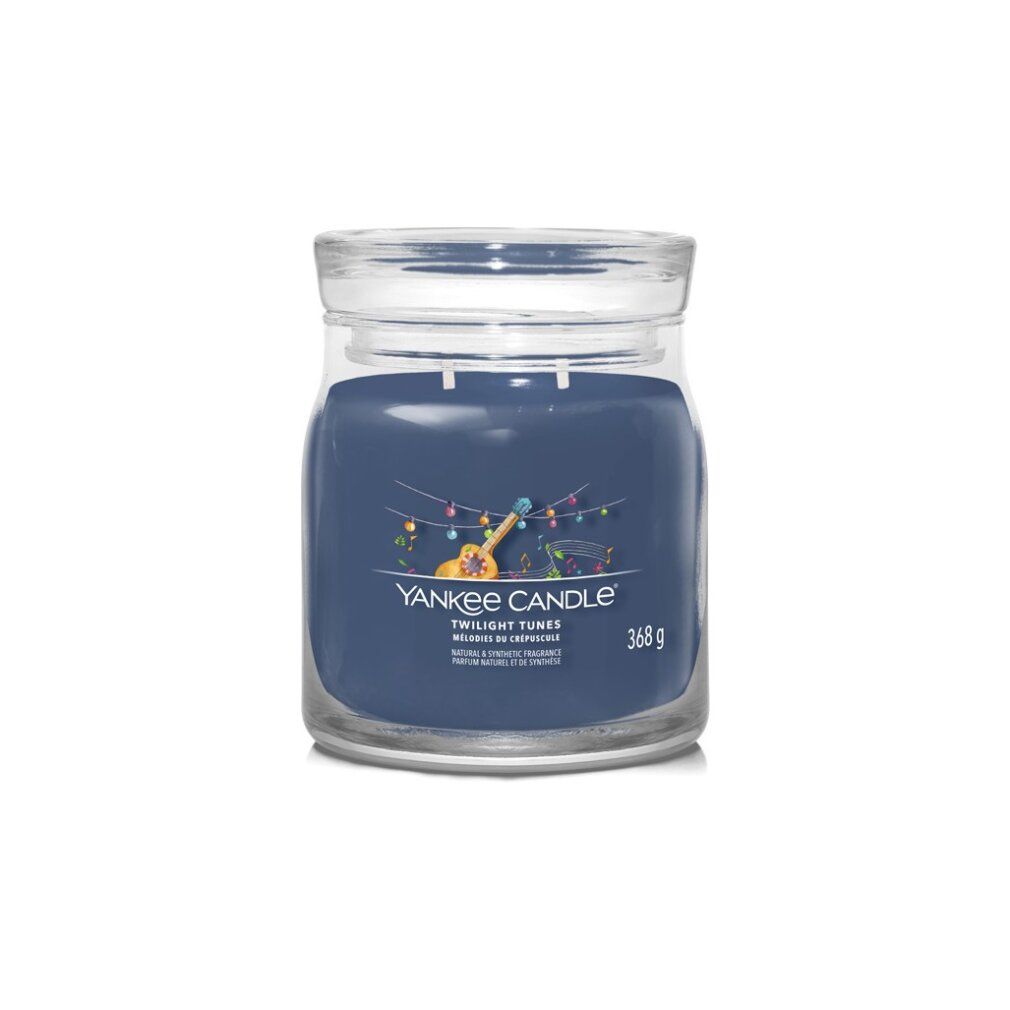 Glas-Duftkerze, blau, mit Deckel. Aufschrift: Yankee Candle Twilight Tunes. Gewicht: 368 g.