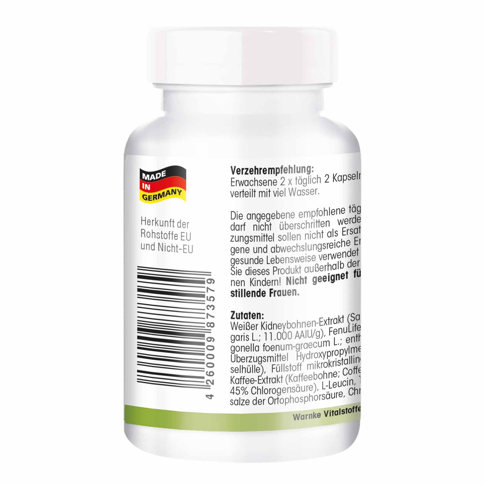 Rückseite der Flasche. Text: Verzehrempfehlung, Zutaten. Logo: Warnke Vitalstoffe. Herkunft: EU und Nicht-EU.