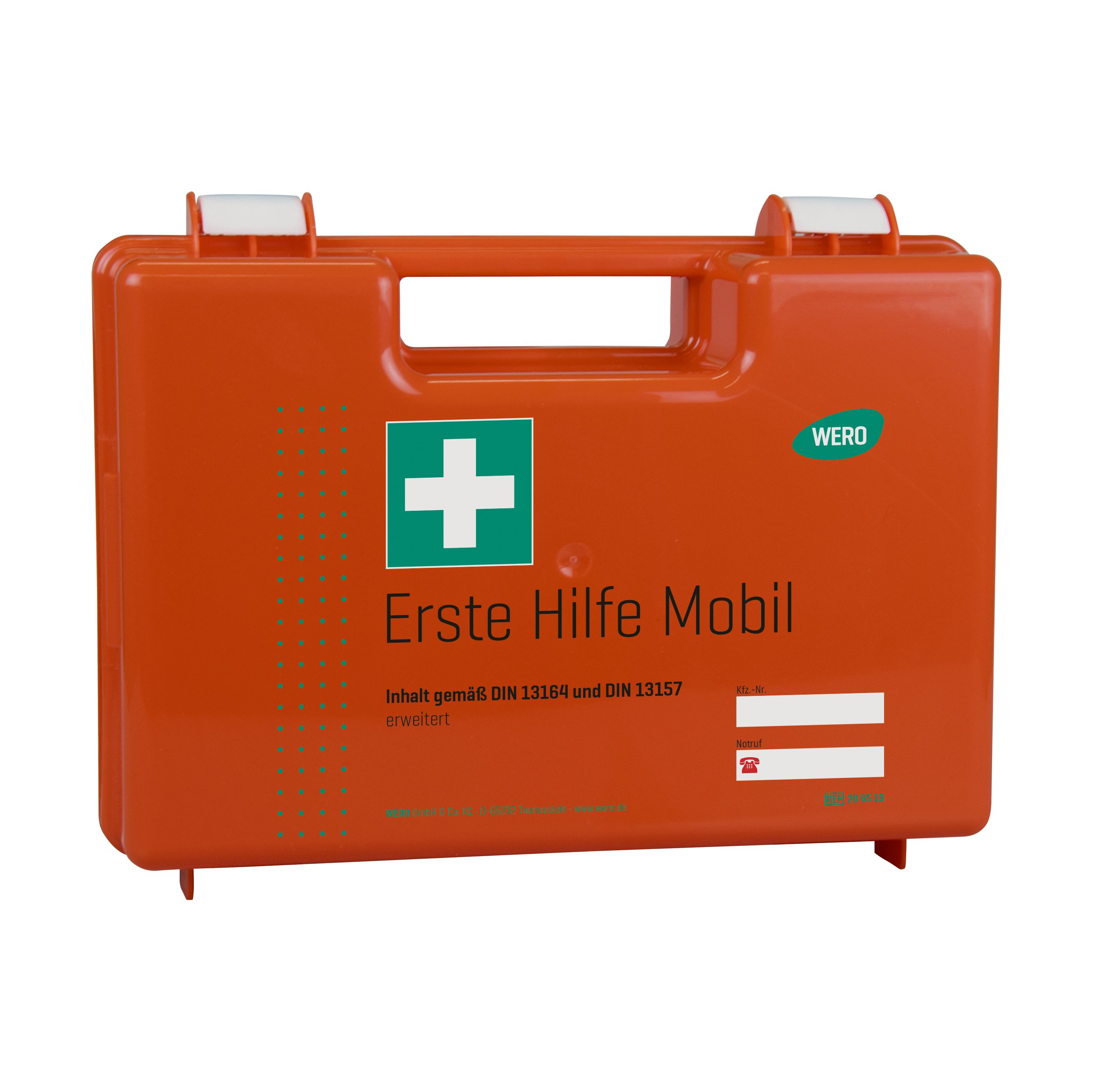 Oranger Erste-Hilfe-Koffer mit weißem Kreuz und Griff. Aufschrift: Erste Hilfe Mobil. DIN 13164 und DIN 13157. Marke WERO.