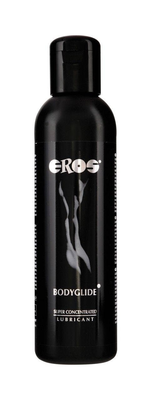 Schwarze Flasche mit schwarzem Deckel. Aufschrift "EROS BODYGLIDE". Enthält "SUPER CONCENTRATED LUBRICANT".