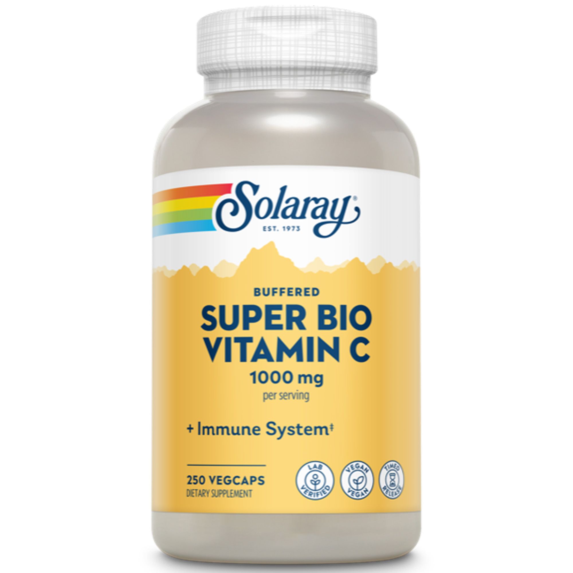 Solaray Super Bio C-Flasche. Weißes Fläschchen mit bunten Etikett. Text: Buffered Super Bio Vitamin C 1000 mg.