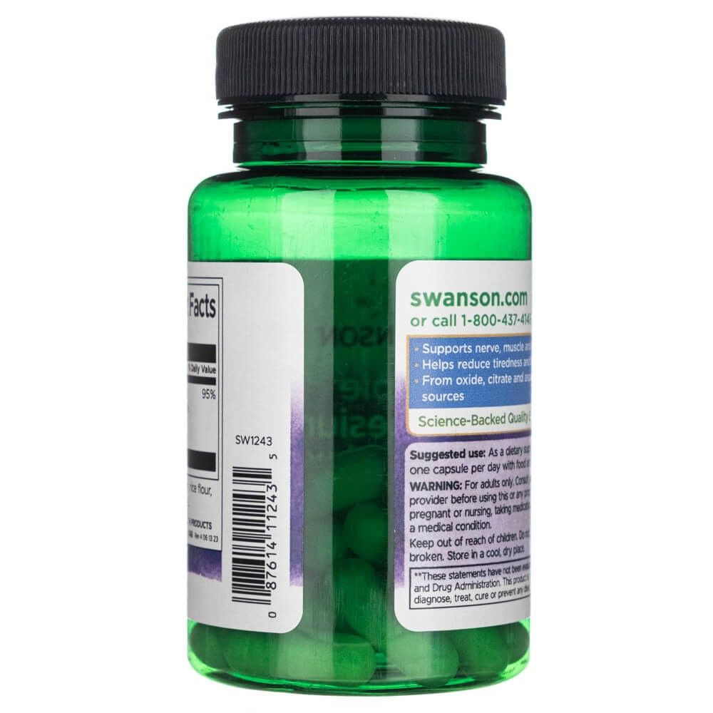 Seite der Swanson Triple Magnesium Complex Kapseln. Zeigt Swanson.com und Anwendungshinweise.
