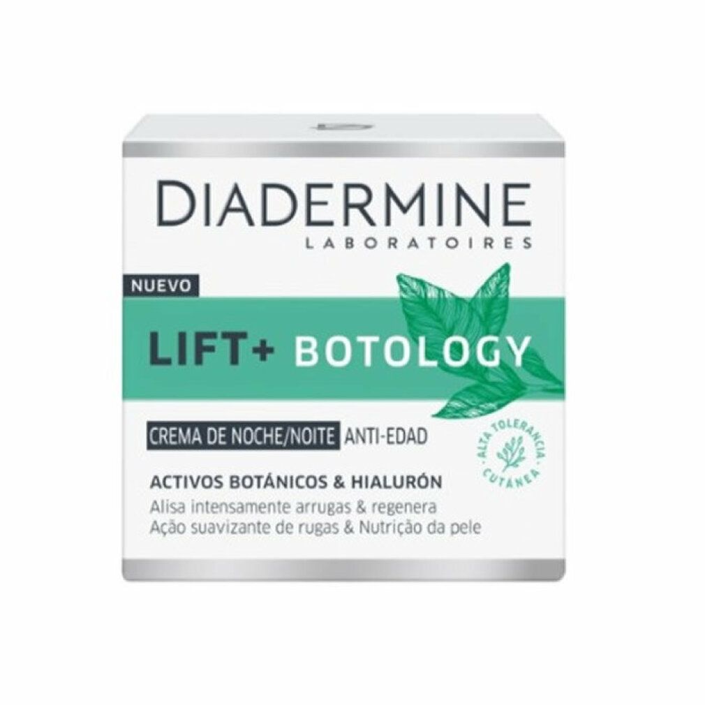 Creme-Verpackung. Diadermine Lift+ Botology Anti-Falten-Nachtcreme. Weißer Tiegel mit grünen und schwarzen Schriftzügen. Blätter-Illustration.