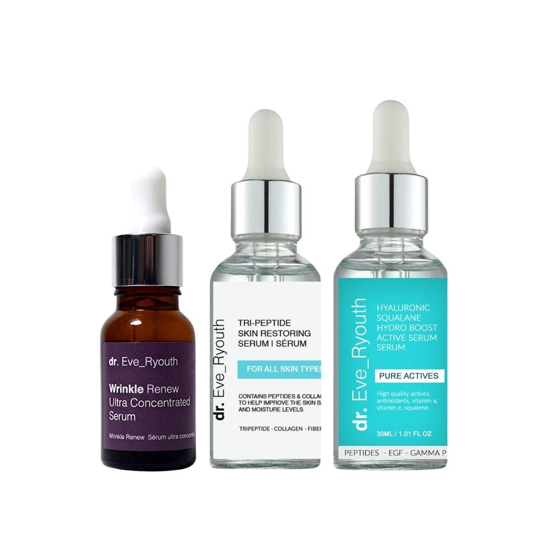 Drei Flakons Dr. Eve_Ryouth Seren. Braunes, klares und blaues Etikett. Weiße Pipetten. Aufschrift: Wrinkle Renew, Tri-Peptide, Hyaluron.