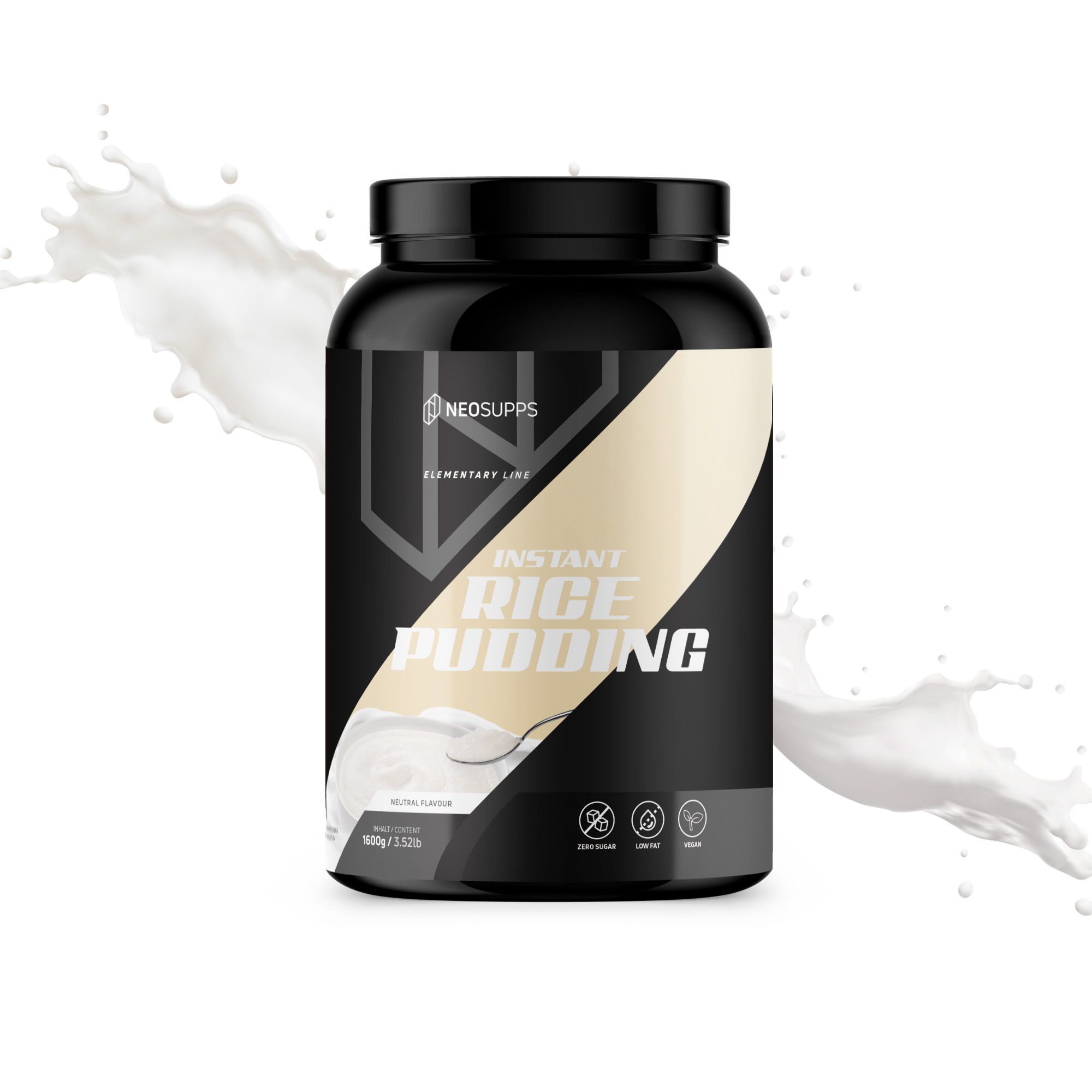 Schwarze Dose mit weißem Aufdruck. Aufschrift: Instant Rice Pudding. Logo: Neosupps. Hintergrund: Milchspritzer.