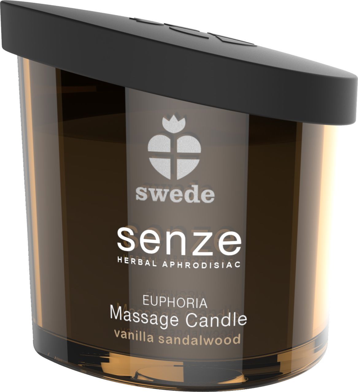 Senze Massage Kerze Euphoria, braunes Glas, schwarzer Deckel. Schriftzug und Produktbezeichnung.