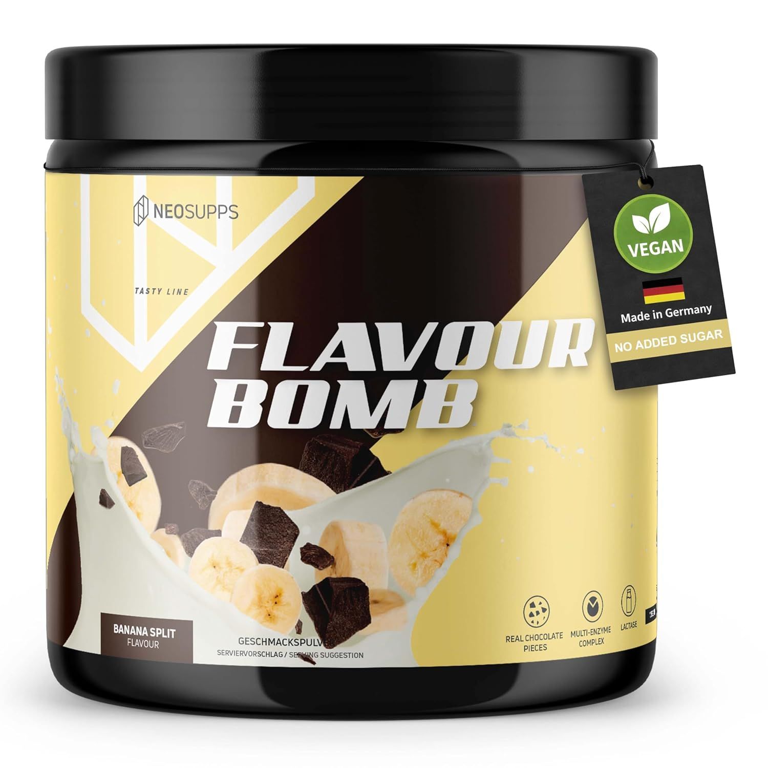 Dose Neosupps Geschmackspulver, Banana Split. Aufschrift: FLAVOUR BOMB. Etikett mit Banane und Schokostückchen. Vegan-Siegel. Made in Germany. Ohne Zuckerzusatz.