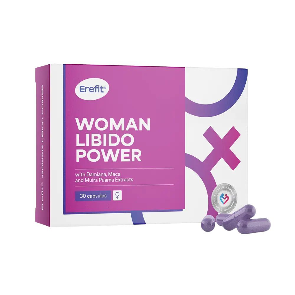 Verpackung mit Kapseln. Aufschrift: Woman Libido Power. Enthält Damiana, Maca und Muira Puama Extrakte. 30 Kapseln.