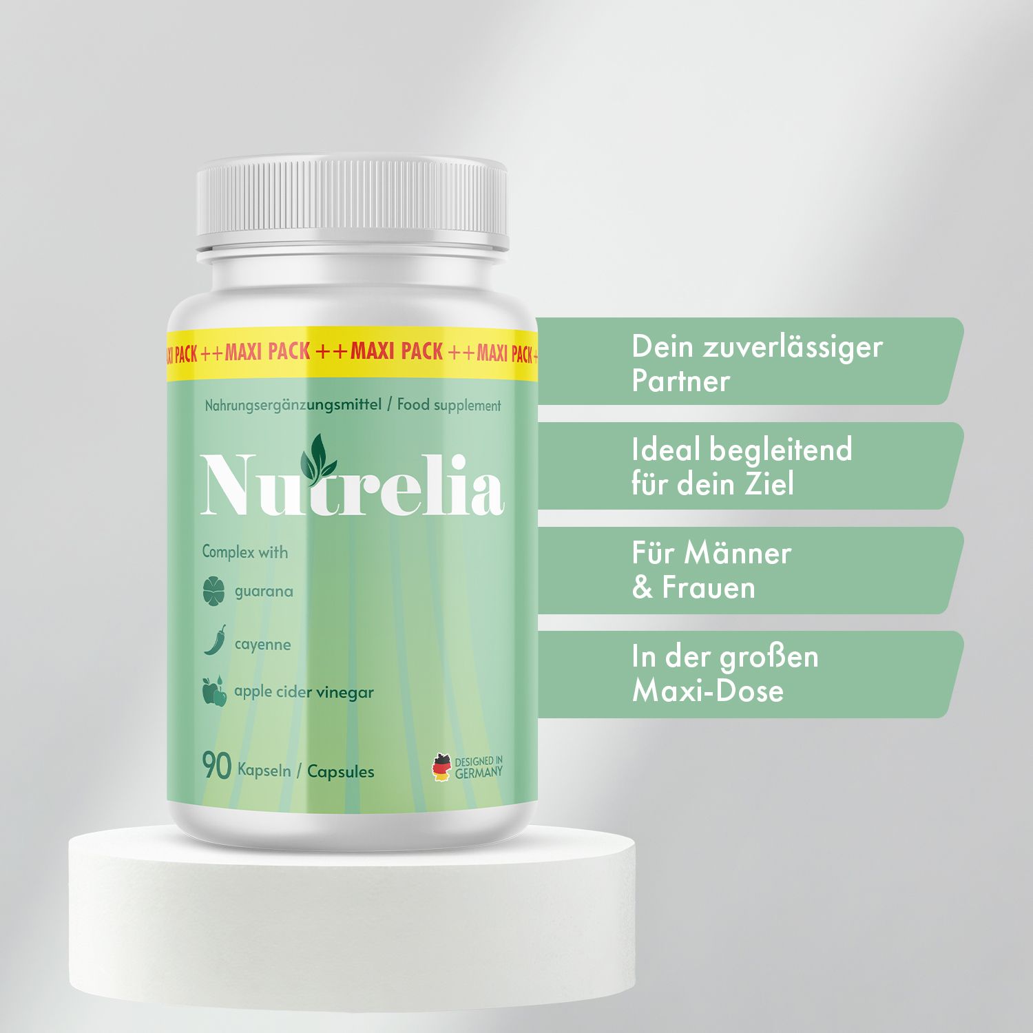 Weißes Pillenbehälter mit grünem Etikett. Aufschrift: Nutrelia, 90 Kapseln. Enthält Guarana, Cayennepfeffer und Apfelessig. Text daneben.