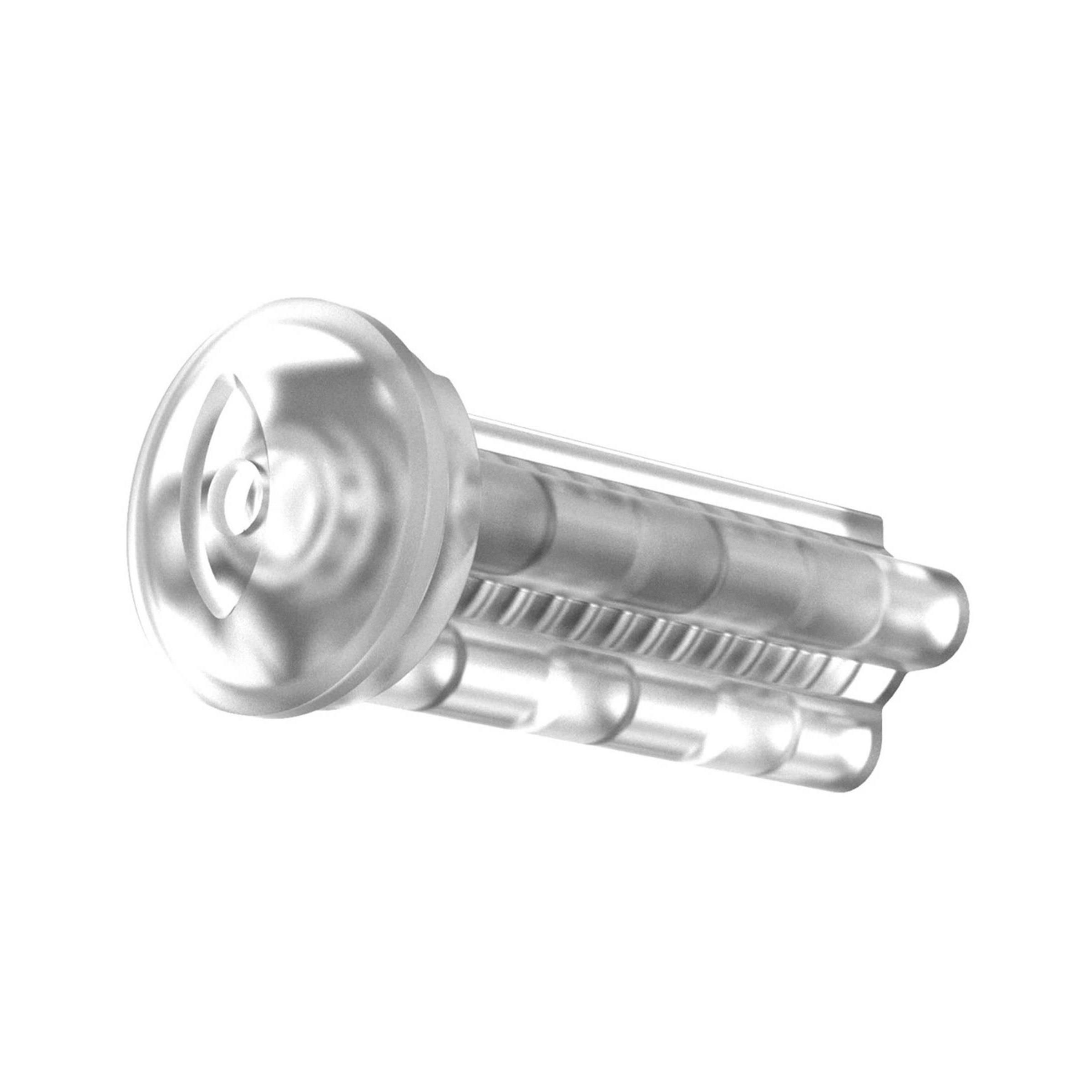 Seitenansicht eines transparenten Vagina Sleeve Masturbators mit Rillen.