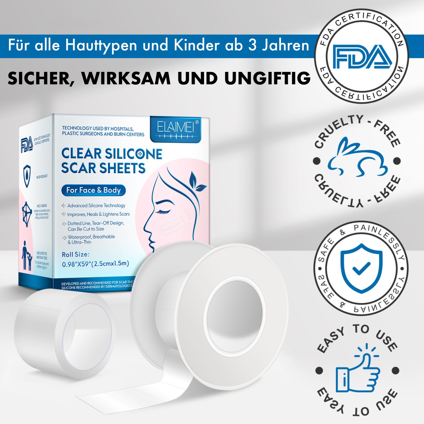 Produktrolle und Verpackung. Text: Für alle Hauttypen und Kinder ab 3 Jahren. ELAIMEI Clear Silicone Scar Sheets. Zertifizierungen.