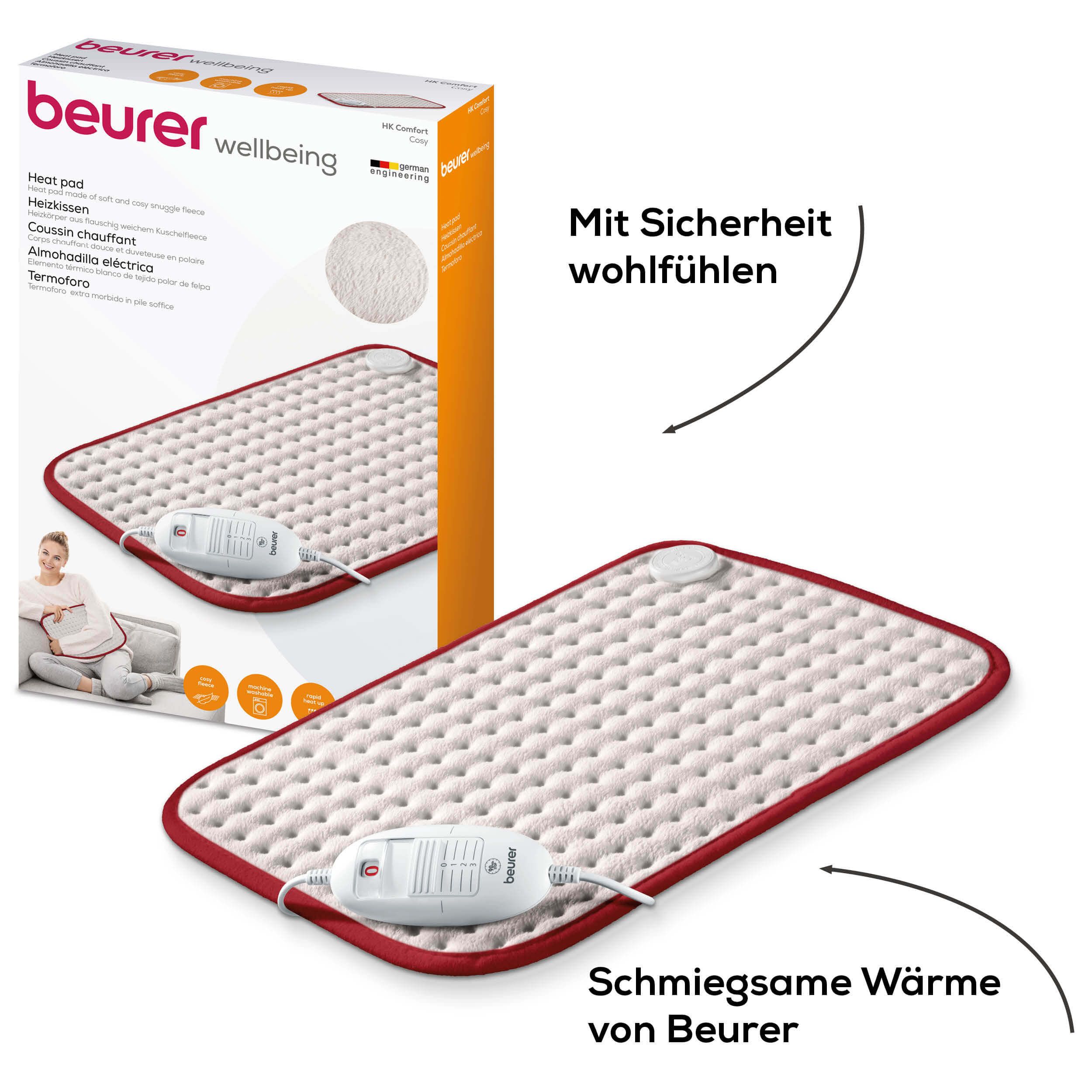 Heizkissen und Verpackung. Beurer Wellbeing. Heizkissen mit rotem Rand. Produktabbildung und Verpackung.