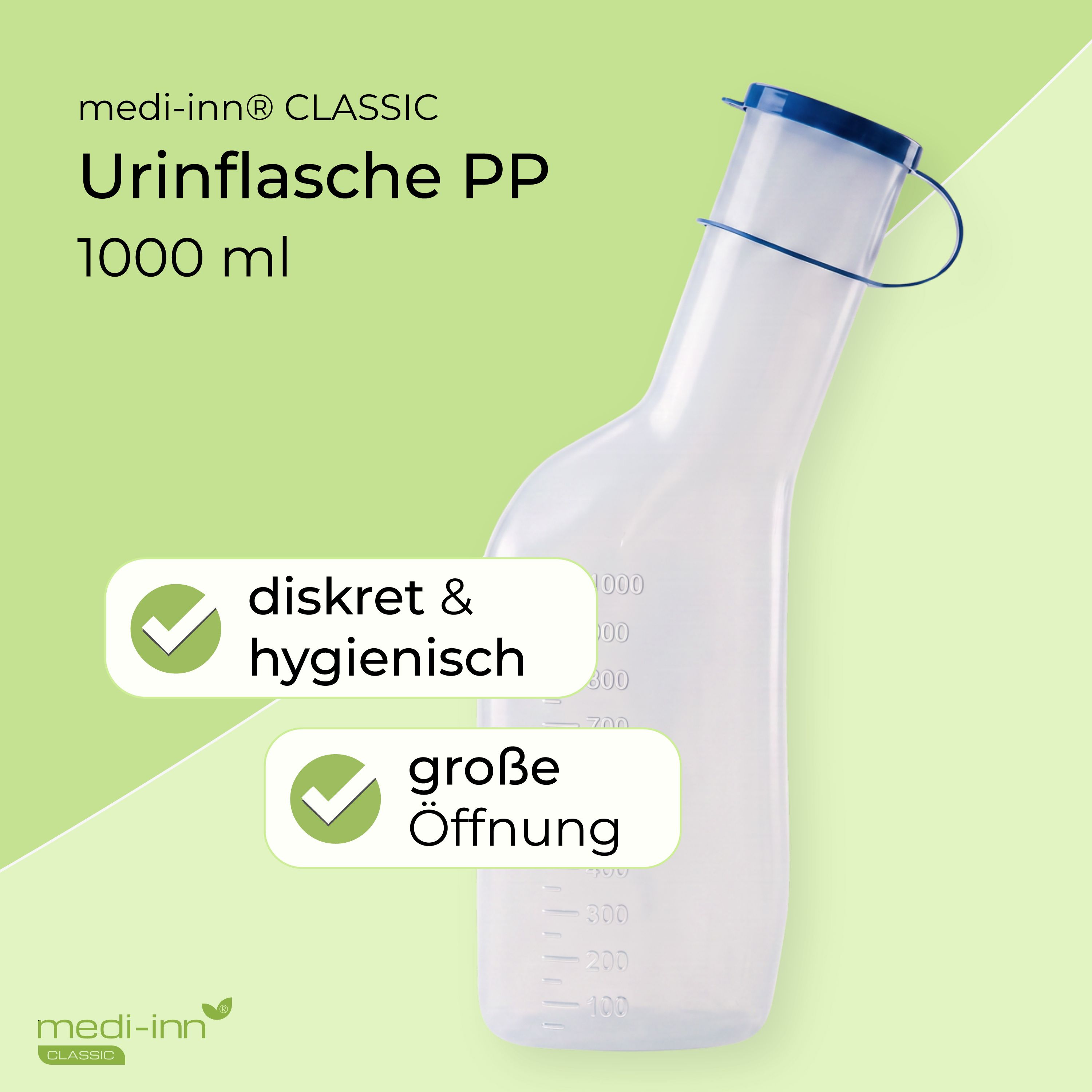 Transluzente Urinflasche 1000 ml mit blauer Kappe, Markierungen und Text 'diskret & hygienisch', 'große Öffnung'.