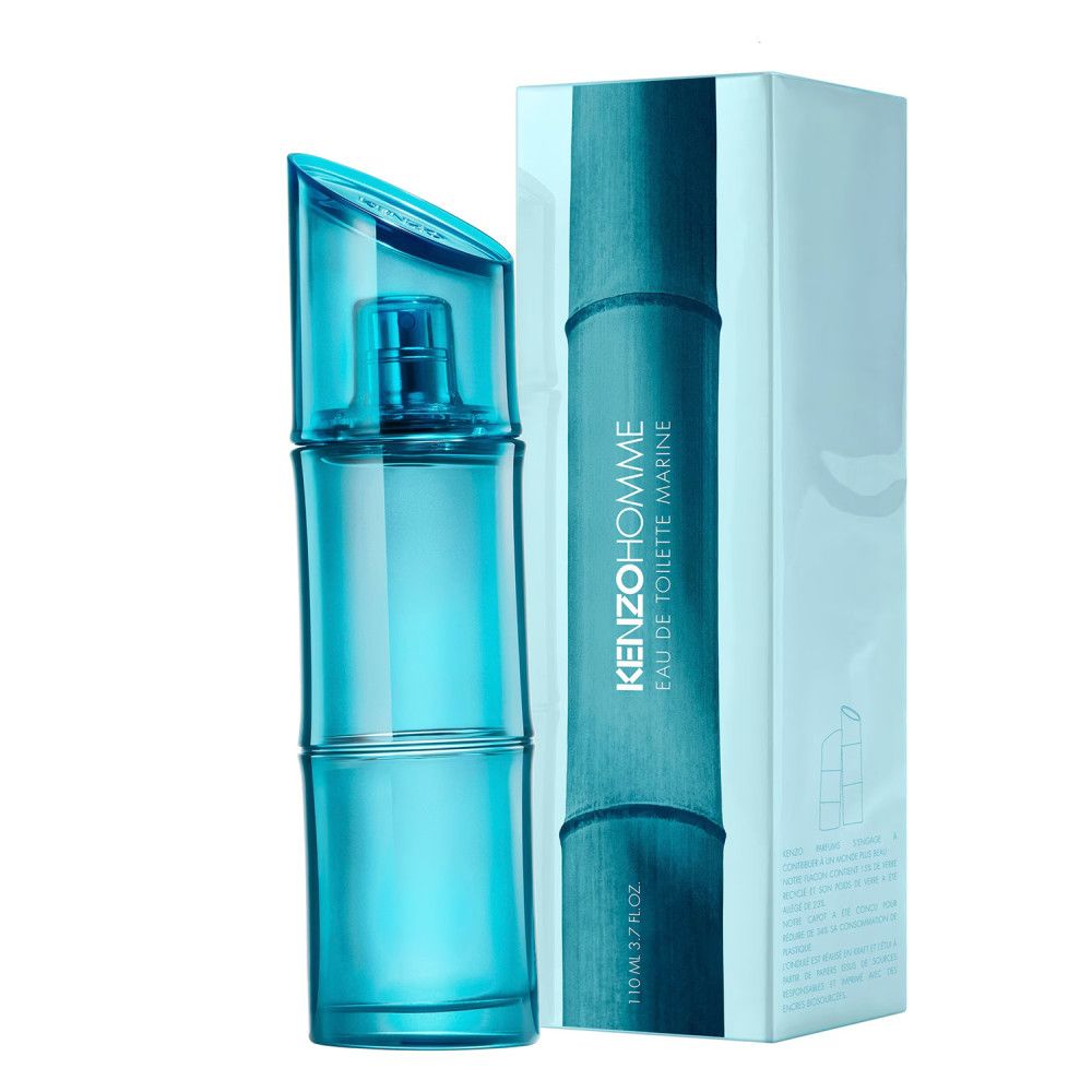 Blaues KENZO HOMME Eau de Toilette Marine-Parfüm mit weißer Verpackung. Aufschrift: KENZO HOMME Eau de Toilette Marine.