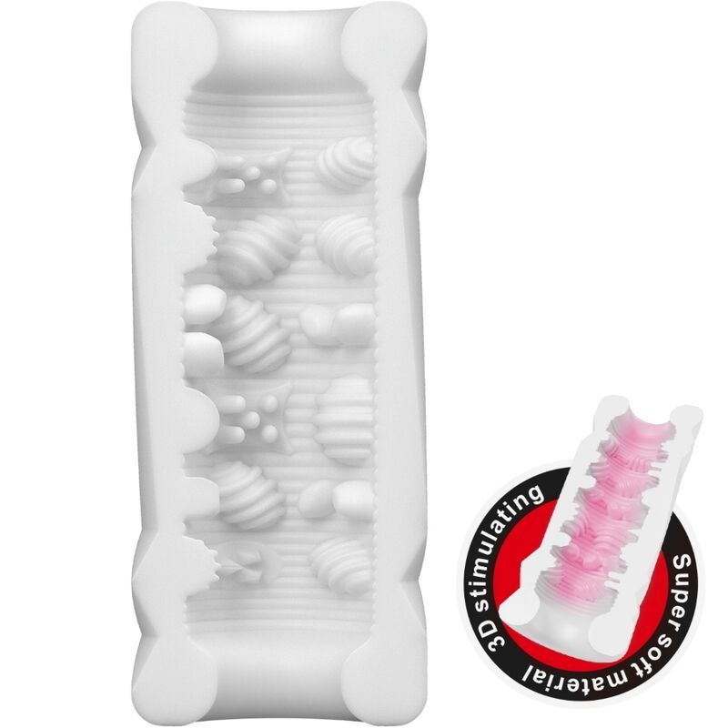 Weißer Masturbator mit inneren Noppen und Texturen.