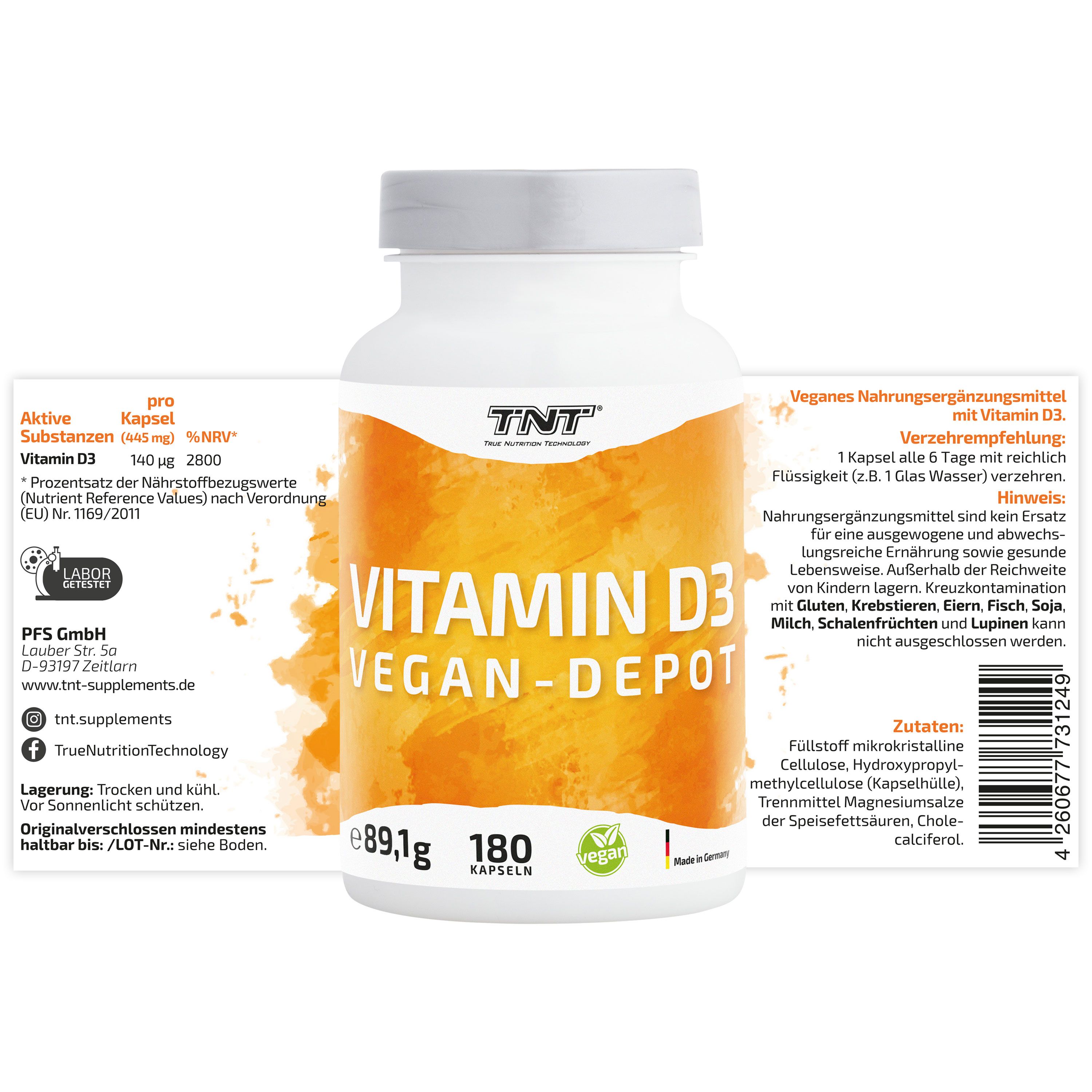 Rückseite der TNT Vitamin D3 Vegan-Depot Flasche. Text: Vitamin D3, 180 Kapseln, vegan. Inhaltsstoffe und Verzehrempfehlung.