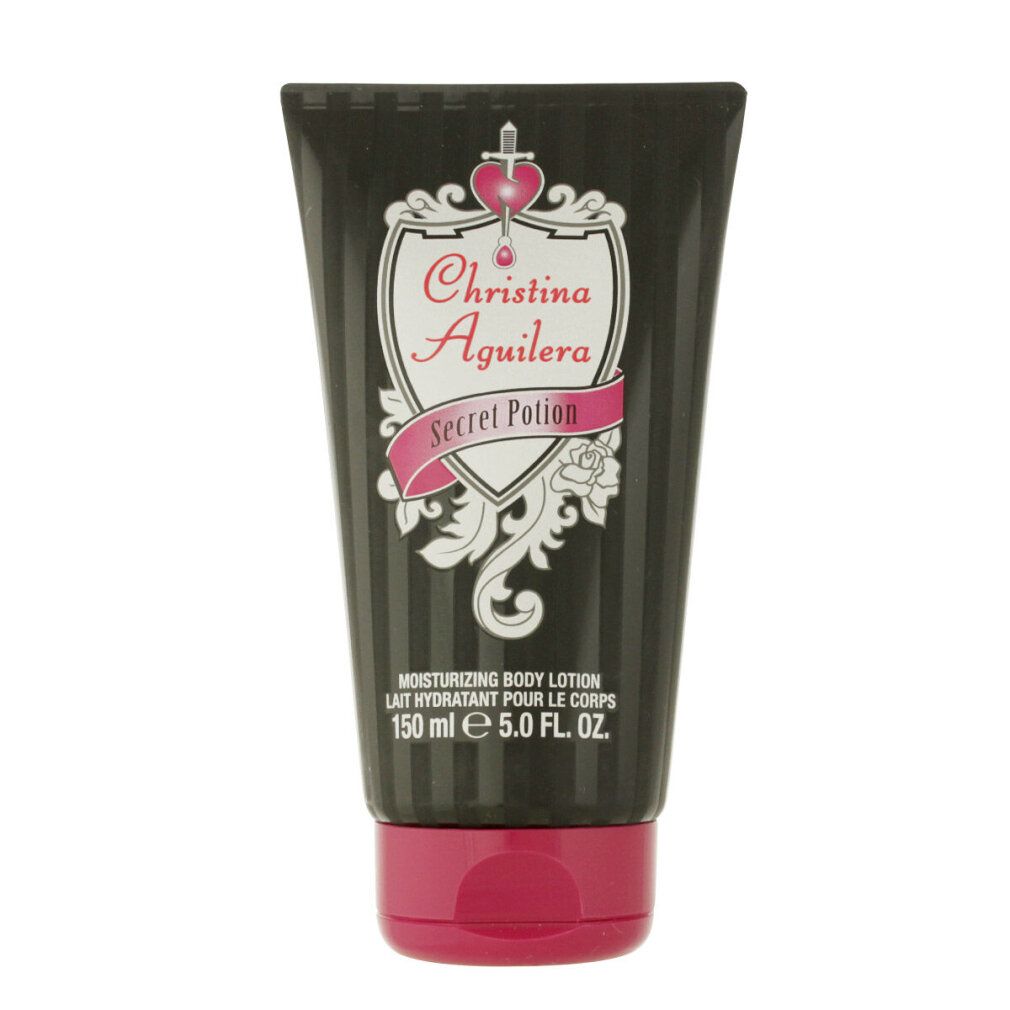 Christina Aguilera Secret Potion Körperlotion in schwarzer Tube mit pinkem Verschluss. 150 ml.
