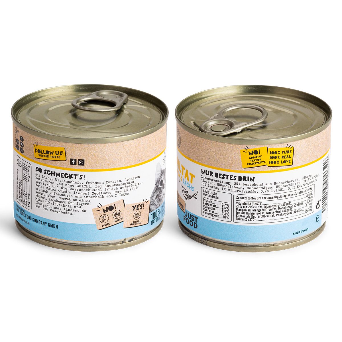 Zwei Dosen Katzenfutter. Aufschrift: DOGS'N TIGER, Wohltat, Huhn & Lachs. Rückseite mit Nährwertangaben und Inhaltsstoffen.