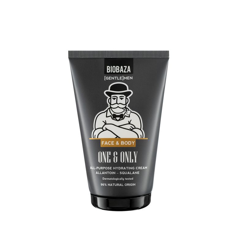 Schwarze Tube mit Produktaufdruck. Aufdruck: Biobaza, Gentleman-Illustration, Schriftzug One & Only, Face & Body.