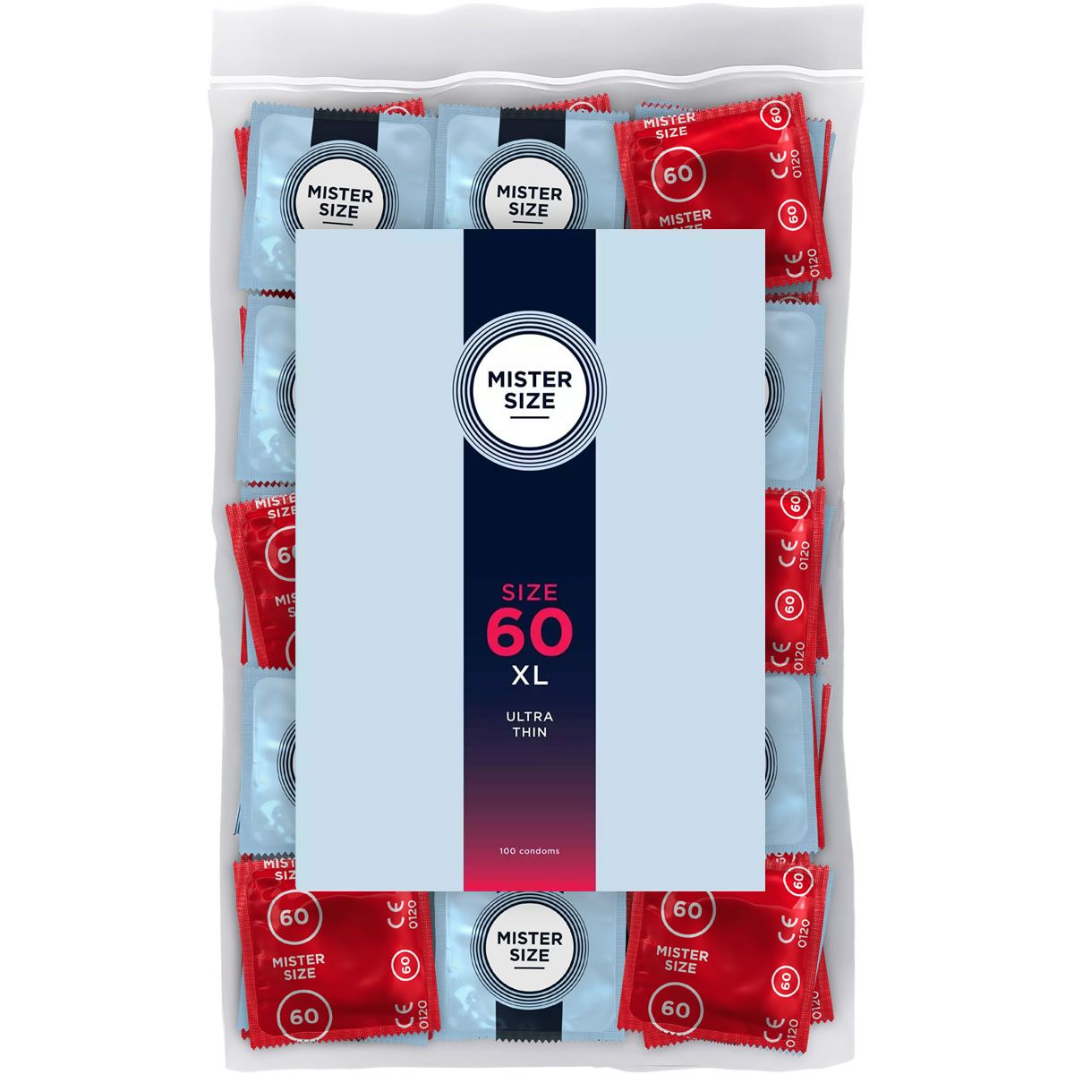 Packung mit 100 Mister Size 60 Kondomen, ultra dünn.