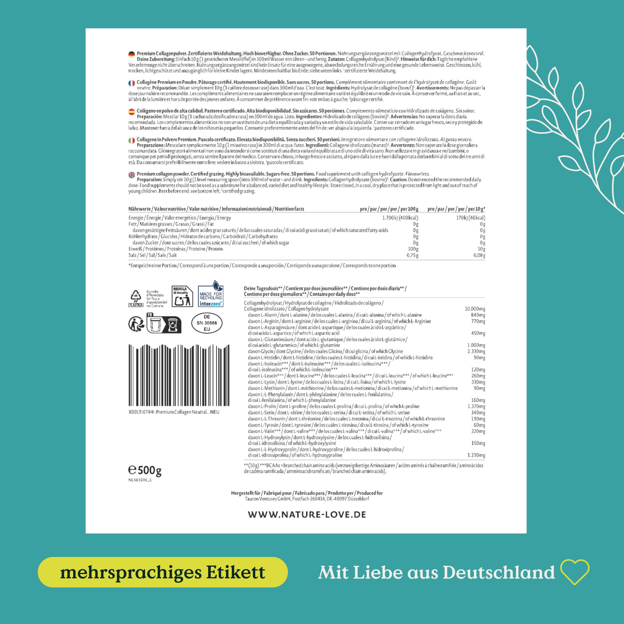Rückseite einer Verpackung mit detaillierten Inhaltsstoffen, Nährwertangaben und Barcode.