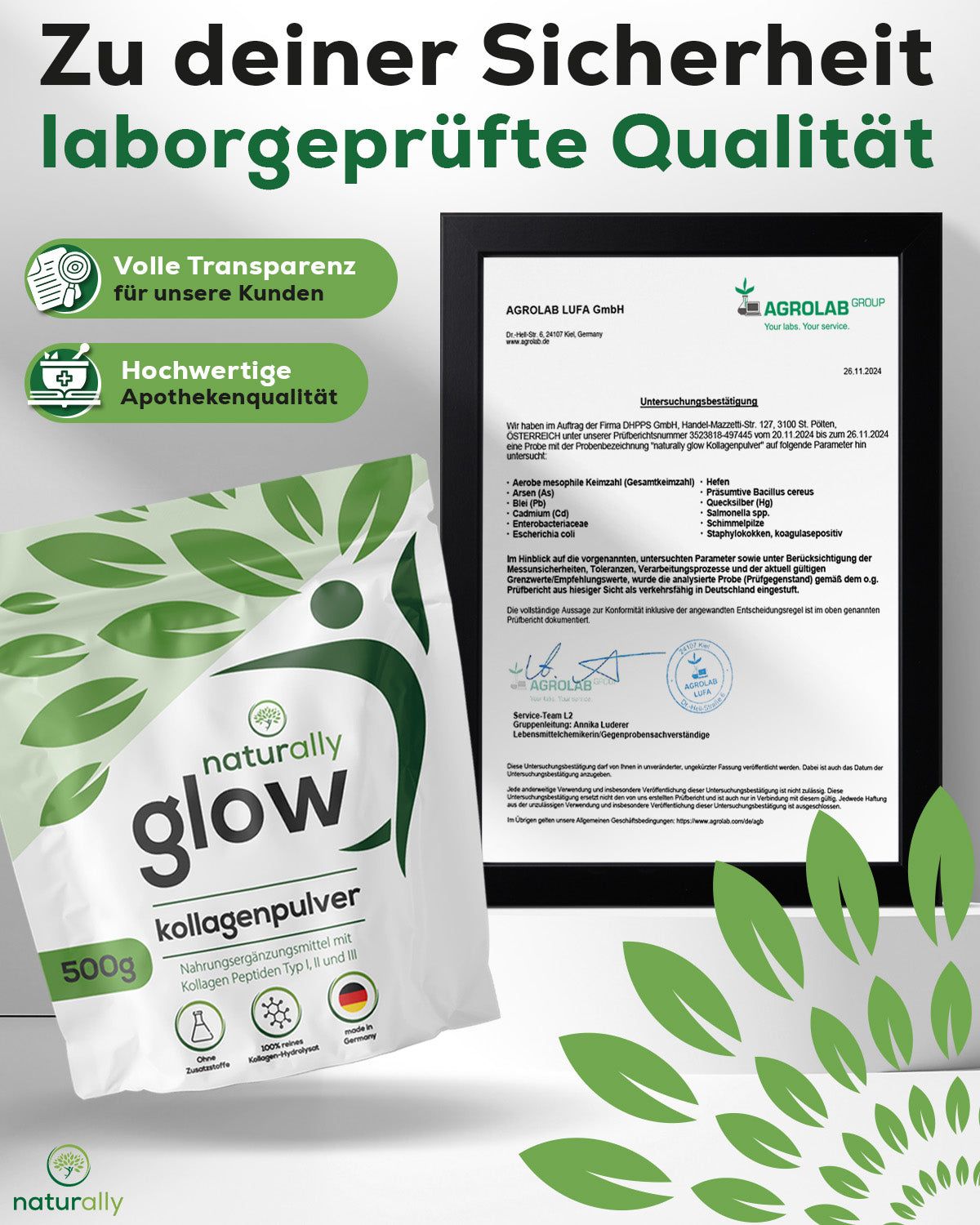 Weißer Beutel « naturally glow Kollagenpulver » mit 500g. Zertifikat von AgroLab. Text: « Laborgeprüfte Qualität ». Logo: naturally glow.