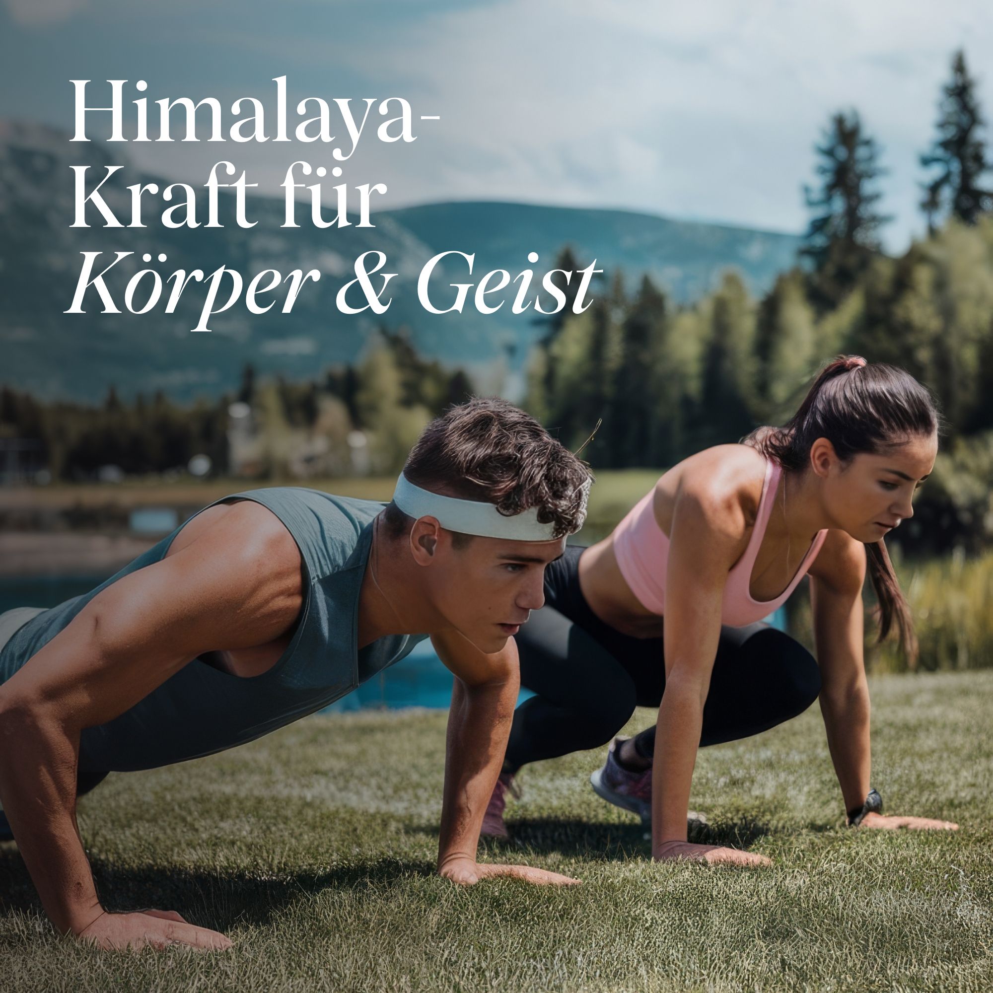 Mann und Frau in Sportkleidung machen Liegestütze im Freien mit Bergkulisse.