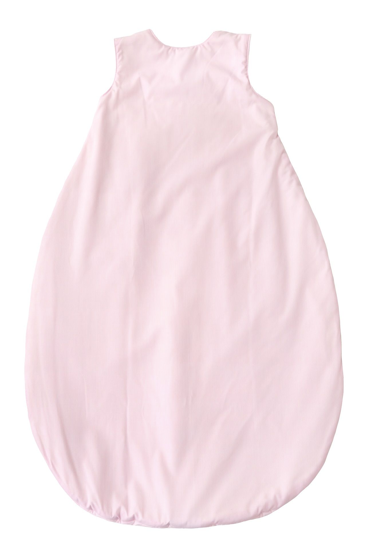 Rückseite eines rosa Schlafsacks mit weißen Streifen. Ohne Reißverschluss oder Details.
