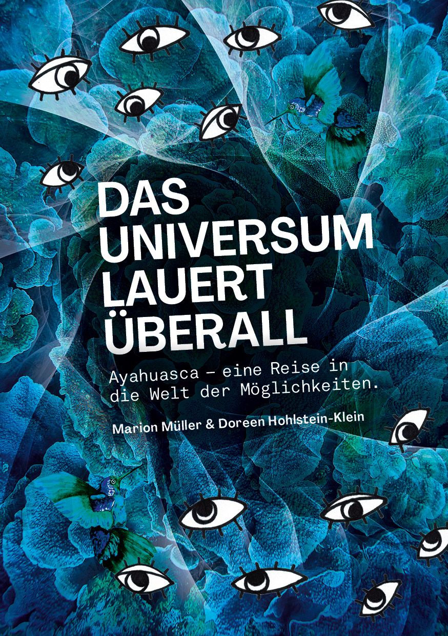 Buchcover mit Titel "Das Universum lauert überall". Blaue, abstrakte Illustration mit Augen. Autoren: Marion Müller & Doreen Hohlstein-Klein.