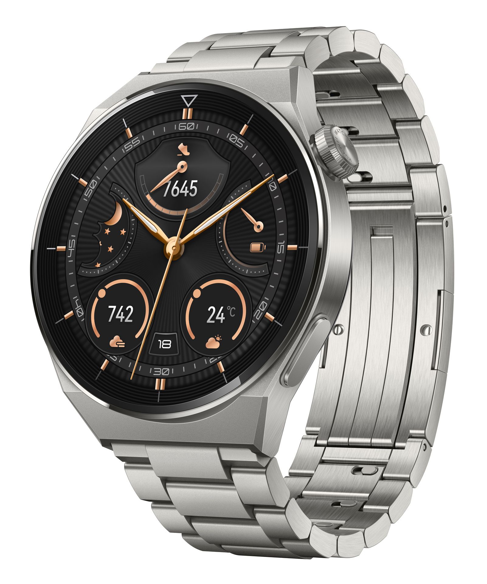 Uhr mit Titanarmband. Schwarzes Zifferblatt mit goldenen Akzenten. Zeigt Uhrzeit, Datum, Temperatur und Wetter.