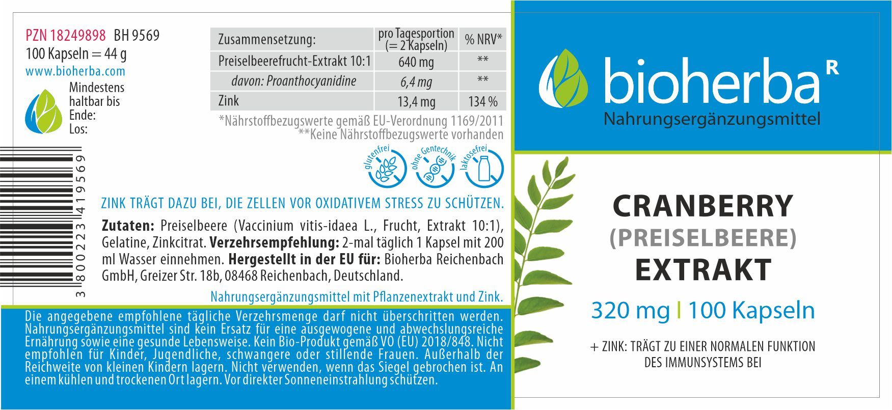 Etikett mit Produktinformationen. Enthält Text: Cranberry Extrakt, 320 mg, 100 Kapseln. Marke: Bioherba. Grün-weißes Design.