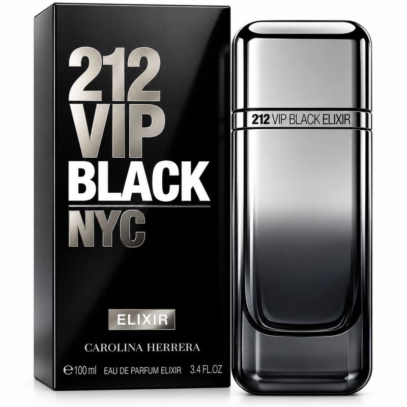 Schwarzer Karton mit "212 VIP BLACK NYC ELIXIR" und einem schwarzen Flakon daneben.