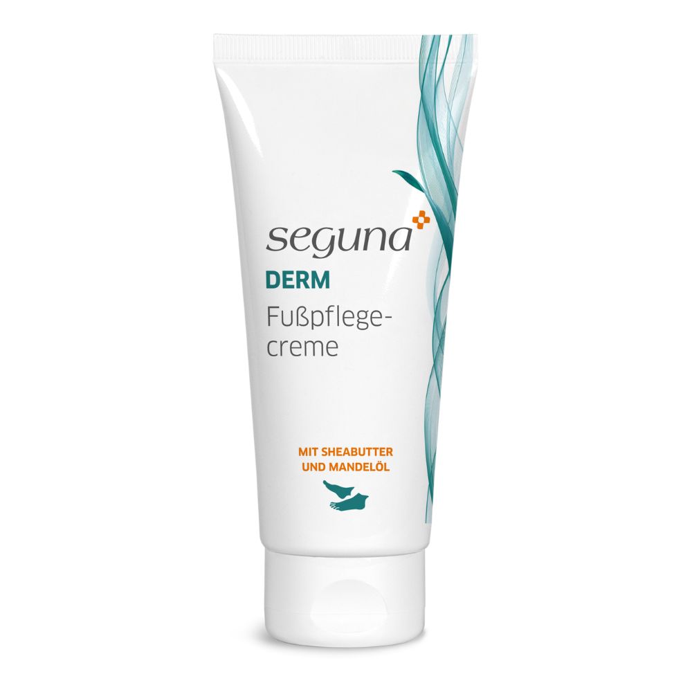 Weiße Tube mit Schriftzug Seguna Derm Fußpflegecreme. Enthält Sheabutter und Mandelöl. Türkisgrüne dekorative Elemente.