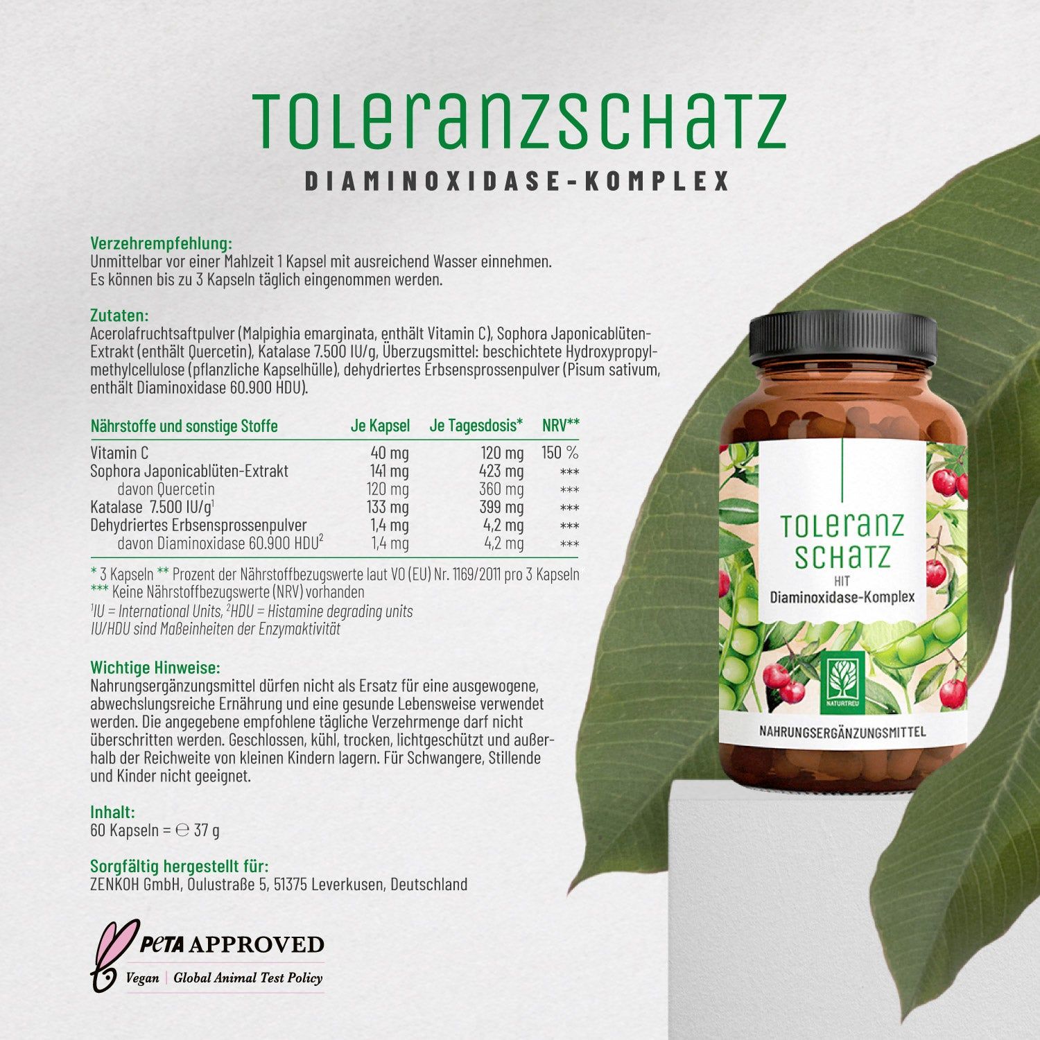 Produktinformationen: TOLERANZSCHATZ, Diaminoxidase-Komplex. Dosierung, Inhaltsstoffe, Nährwerte, wichtige Hinweise. PETA Approved Logo. Braune Flasche.