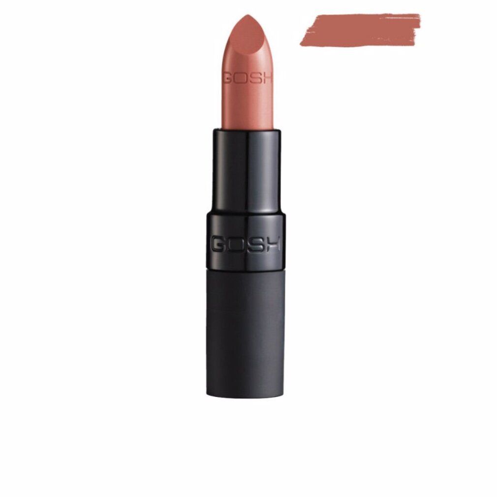 Lippenstift, matt, Farbe: Antique. Schwarze Hülse mit GOSH-Logo. Farbstrich daneben.