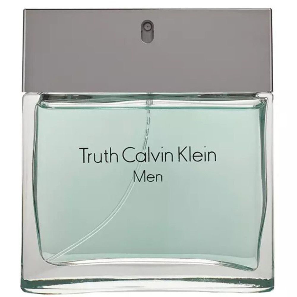 Truth Calvin Klein Men Eau de Toilette Spray. Rechteckiger Flakon mit silbernem Deckel. Aufschrift Truth Calvin Klein Men.