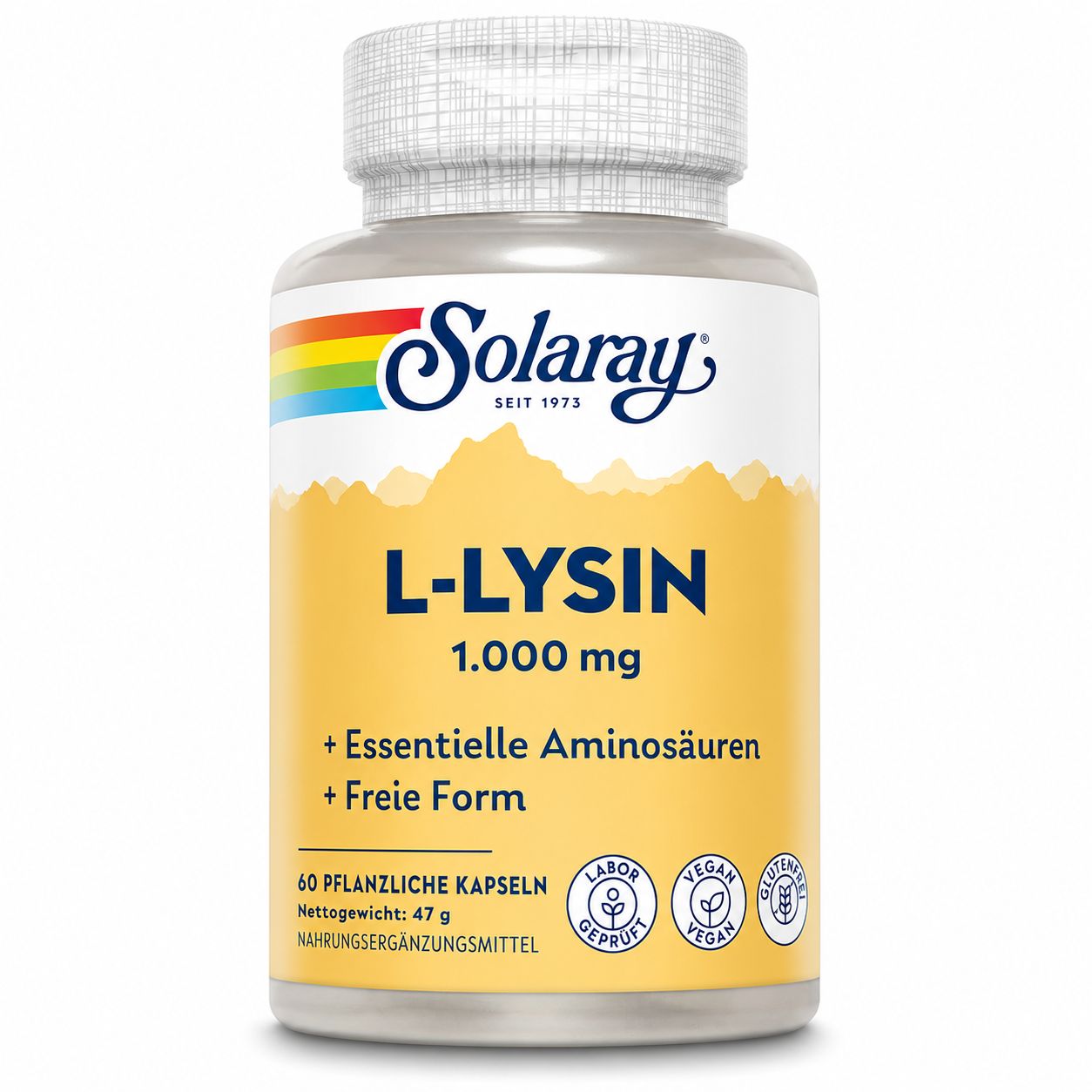 Flasche Solaray L-Lysin Kapseln, 60 pflanzliche Kapseln, 1000 mg. Mit Siegeln: Laborgeprüft, vegan, glutenfrei.