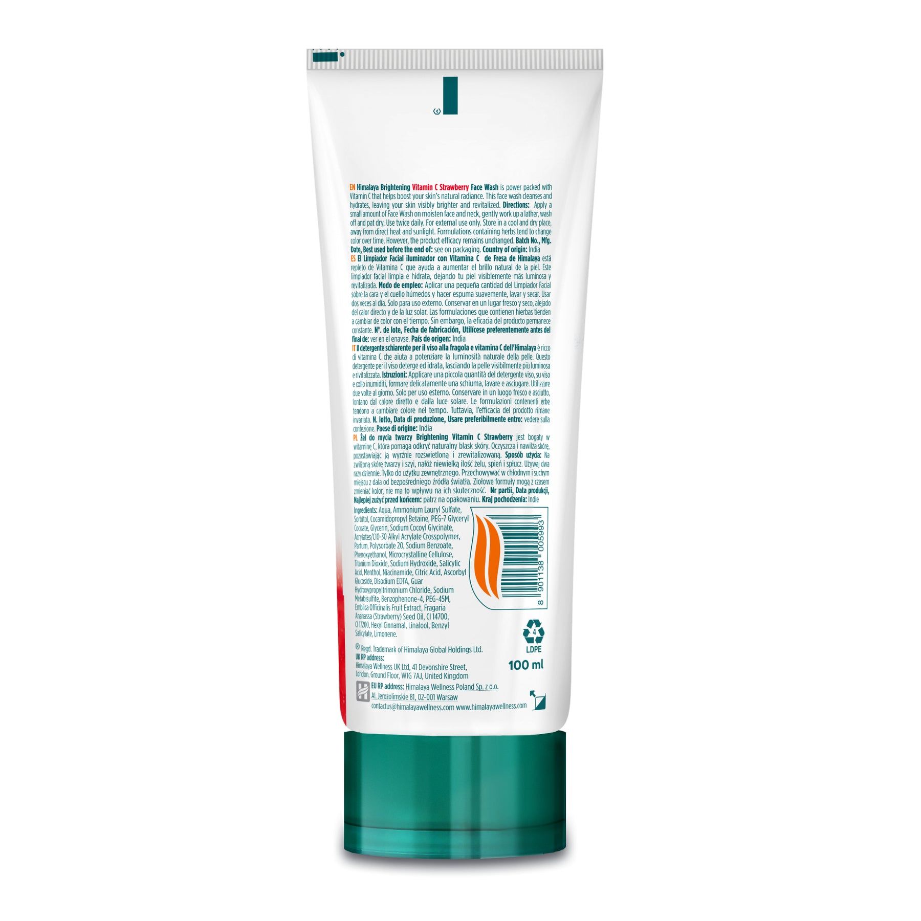 Rückseite einer Tube Himalaya Brightening Vitamin C Strawberry Face Wash, 100 ml.