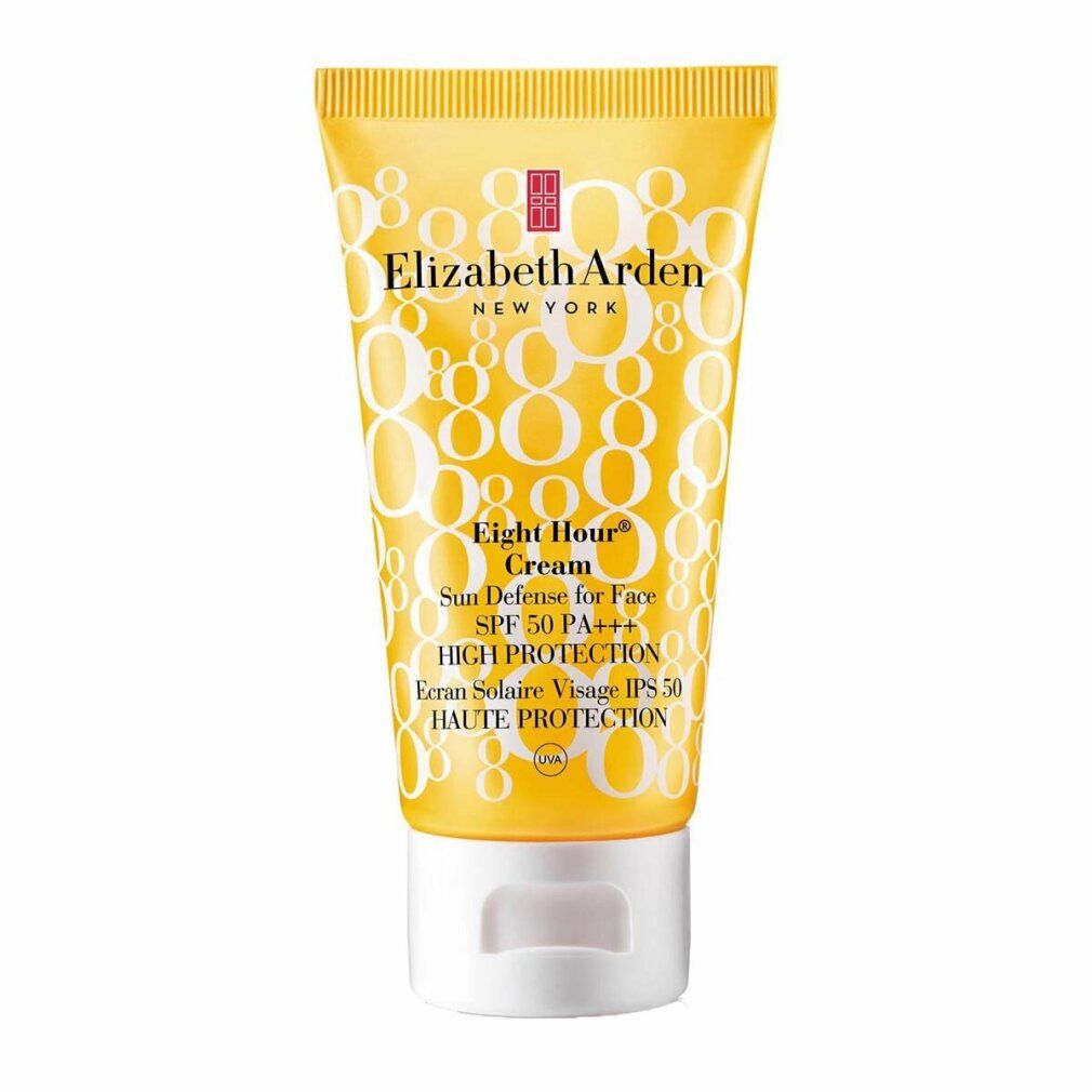 Gelbe Tube mit weißer Schrift. Produktname: Eight Hour Cream. Text: Sun Defense for Face SPF 50 PA+++. Hoher Sonnenschutz.