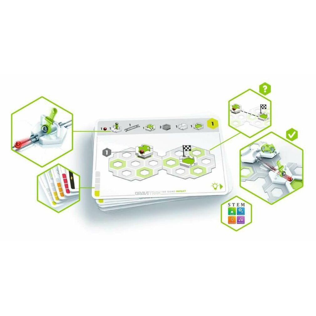 Infografik mit GraviTrax-Elementen und Anweisungen. Karten, grüne und graue Elemente. 64 Teile.