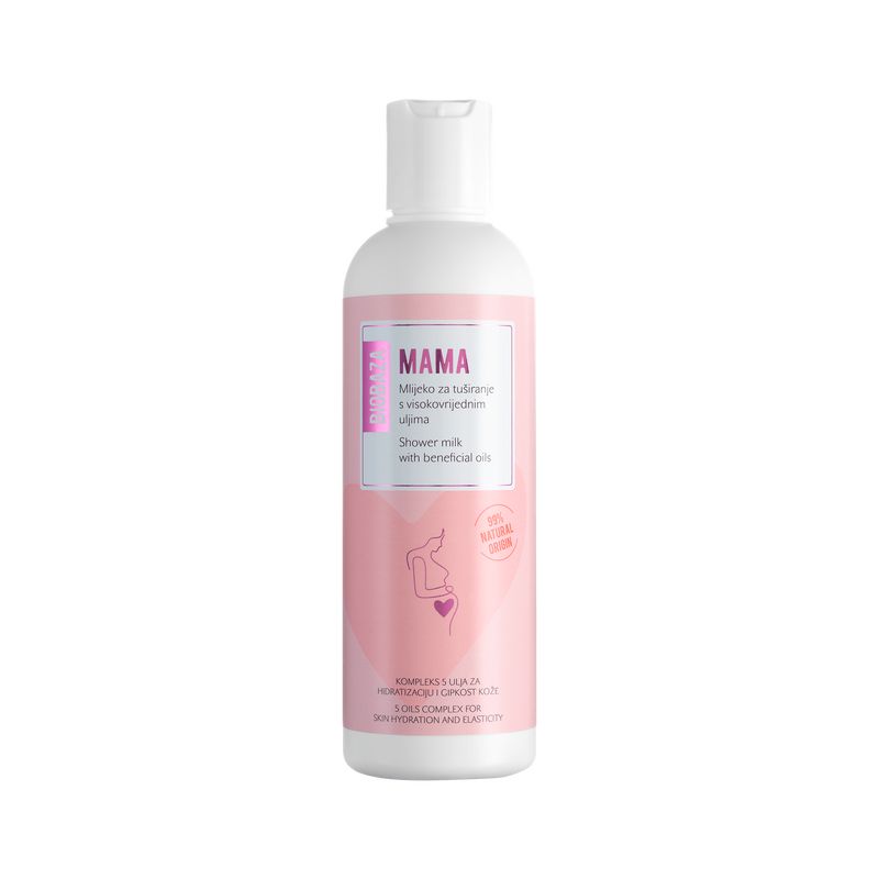 Weiße Flasche mit rosa Etikett. Text: Mama, Duschmilch mit Ölen. Logo: Biobaza. Illustration einer schwangeren Frau. 98% Natural Origin.