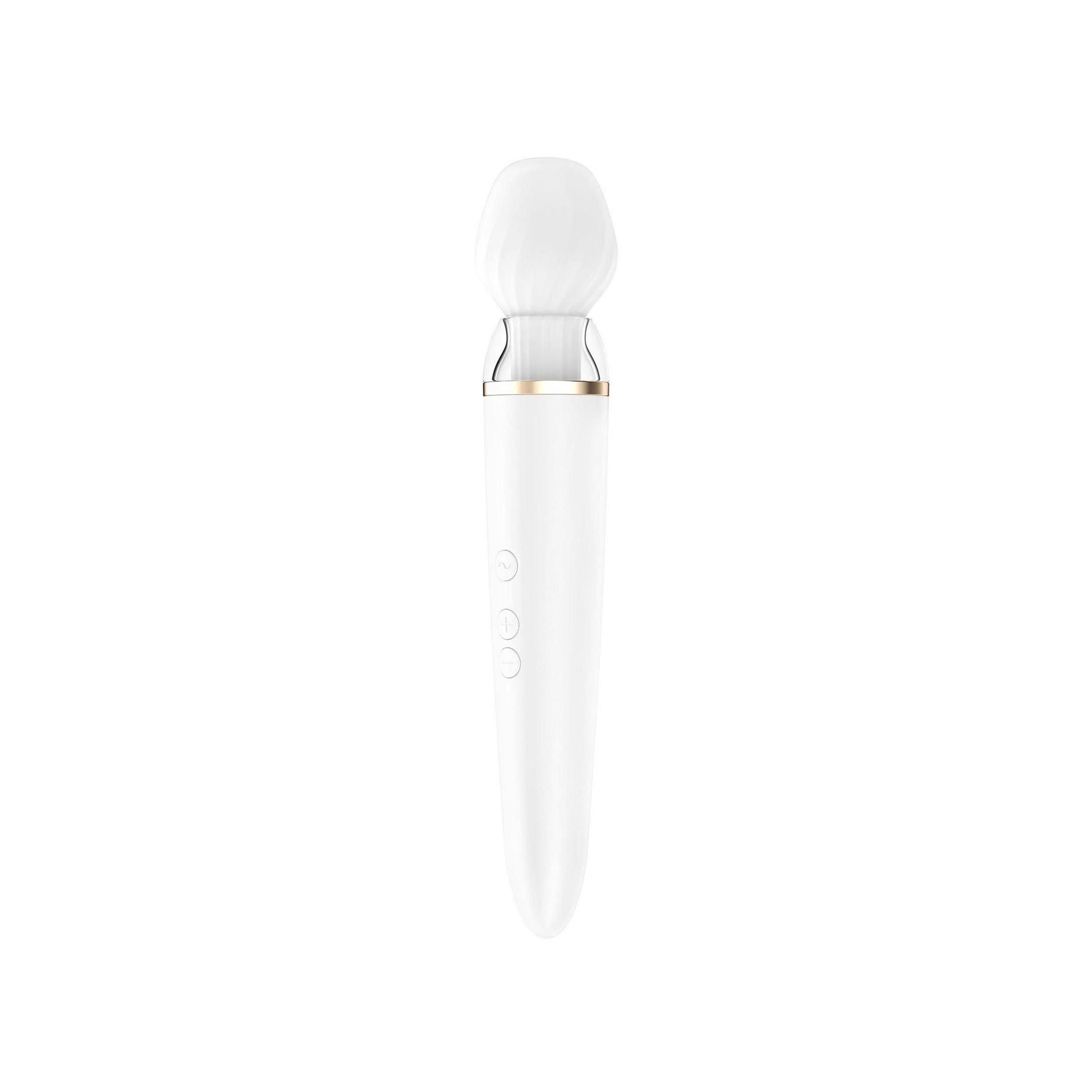 Weißer Vibrator mit rundem Kopf und drei Bedientasten am Griff.