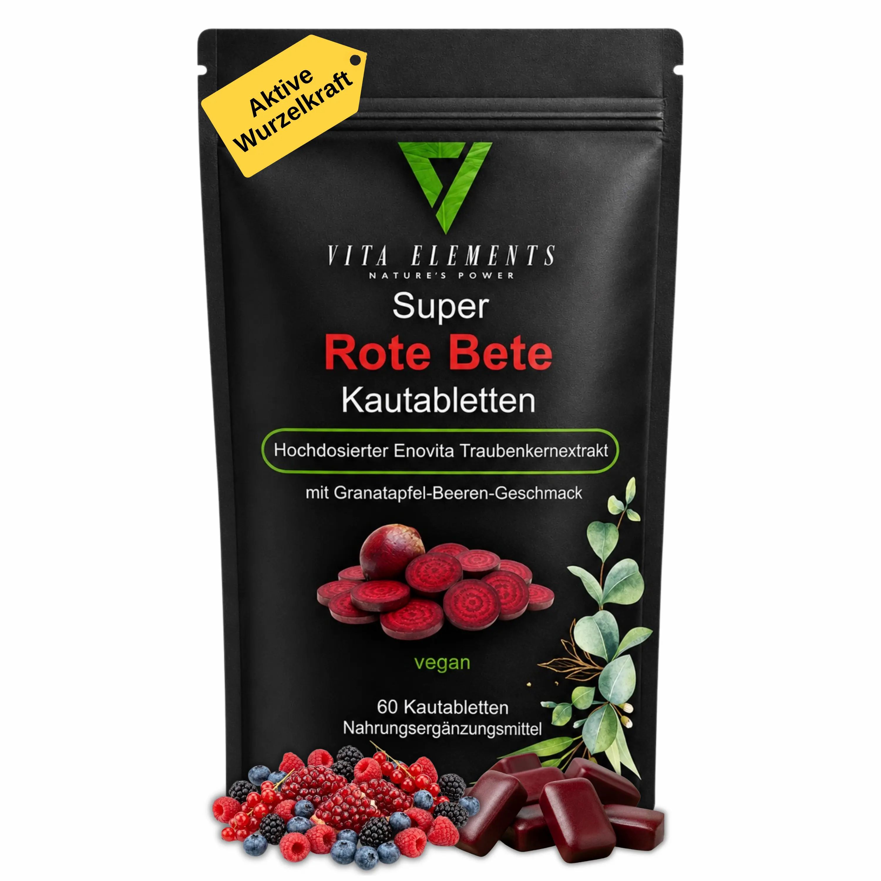 Schwarzer Beutel mit Vita Elements Rote Bete Kautabletten, Granatapfel-Beeren-Geschmack, vegan, 60 Stück.