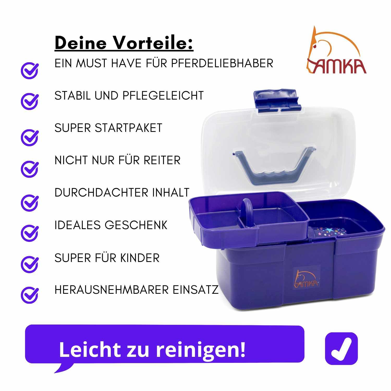 Putzbox mit geöffnetem Deckel. Enthält herausnehmbaren Einsatz. Text: Vorteile, leicht zu reinigen. AMKA Logo.