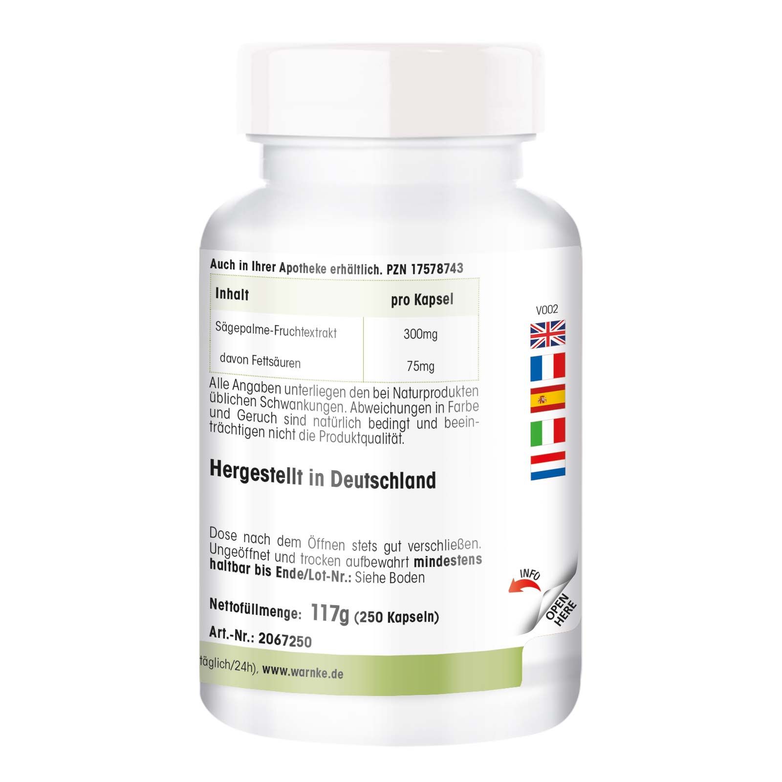 Rückseite der Pillenflasche. Text: Inhalt pro Kapsel, Sägepalme-Fruchtextrakt 300mg, 75mg Fett. Hergestellt in Deutschland. Nettomenge: 117g (250 Kapseln).