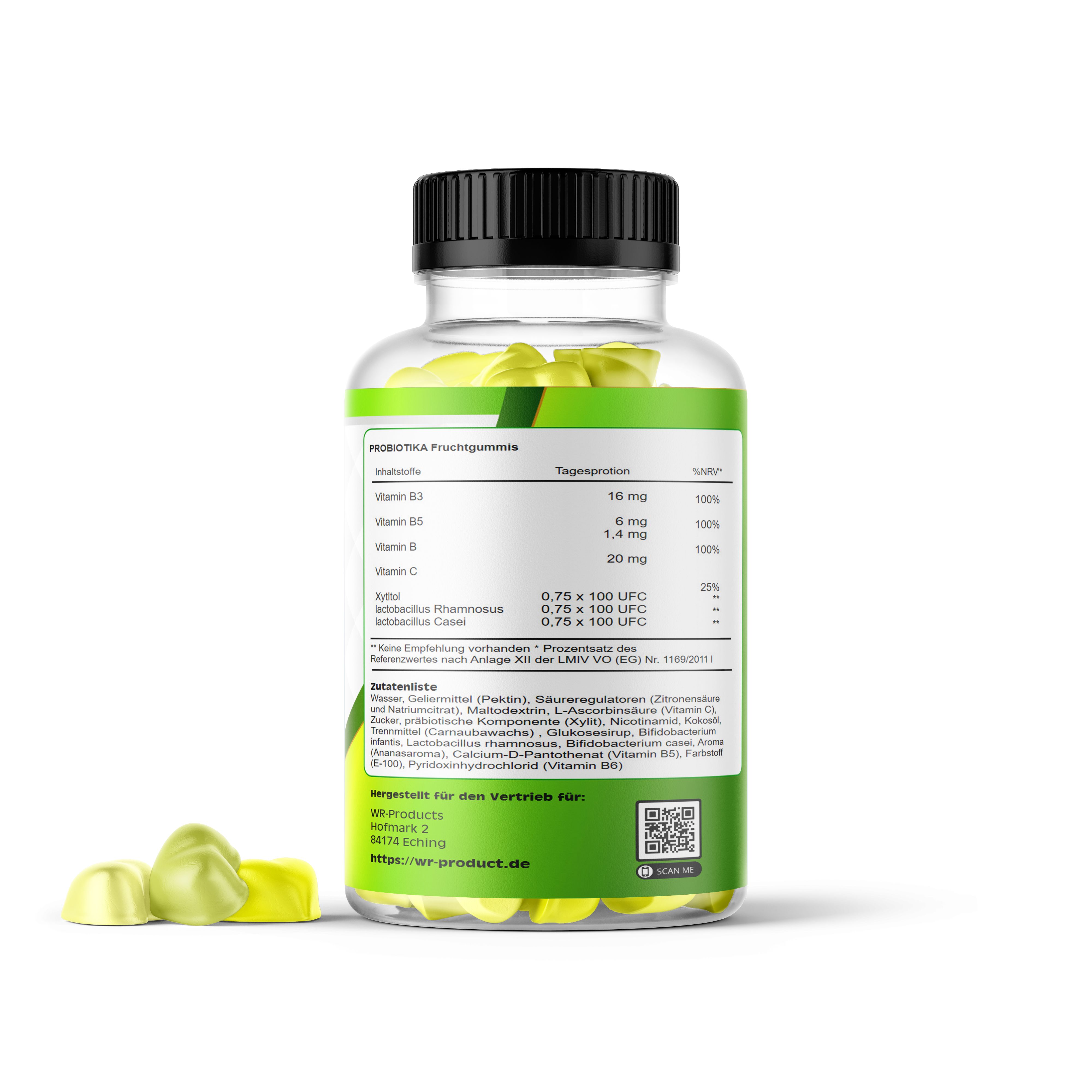Rückseite einer Flasche mit gelben Gummis. Text: Inhaltsstoffe, Nährwertangaben, QR-Code. Grüner Aufkleber mit Text.