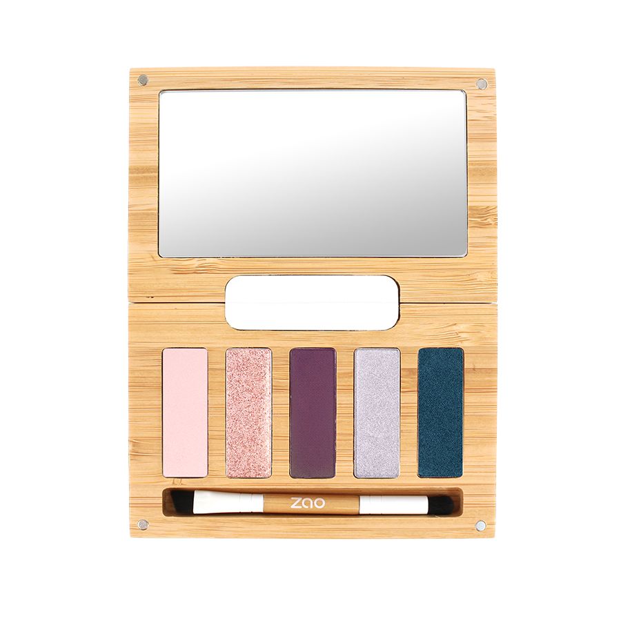 Make-up Palette mit Spiegel und 5 Lidschattenfarben. Holzrahmen. Pinsel mit Logo. Farben: Rosa, Glitzer, Lila, Helllila, Dunkelblau.