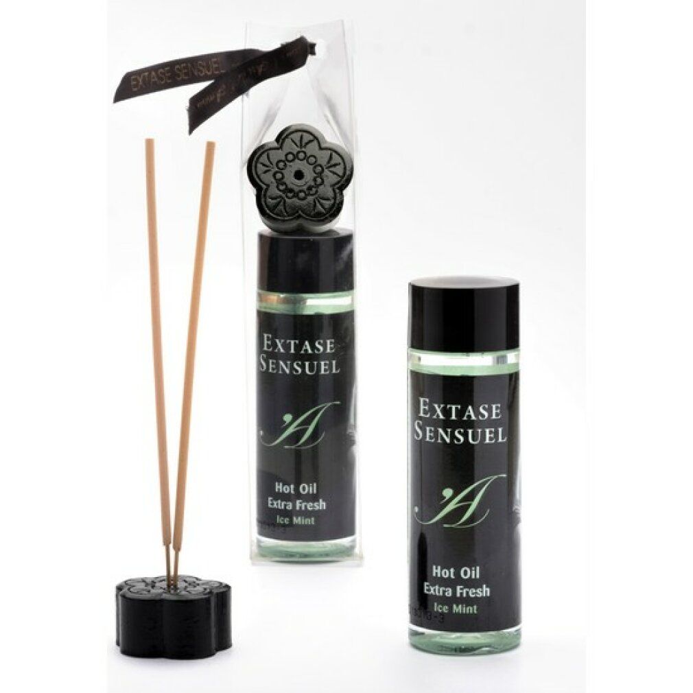 Zwei Flaschen "Extase Sensuel Hot Oil Extra Fresh Ice Mint" und ein Duftstäbchen-Set.
