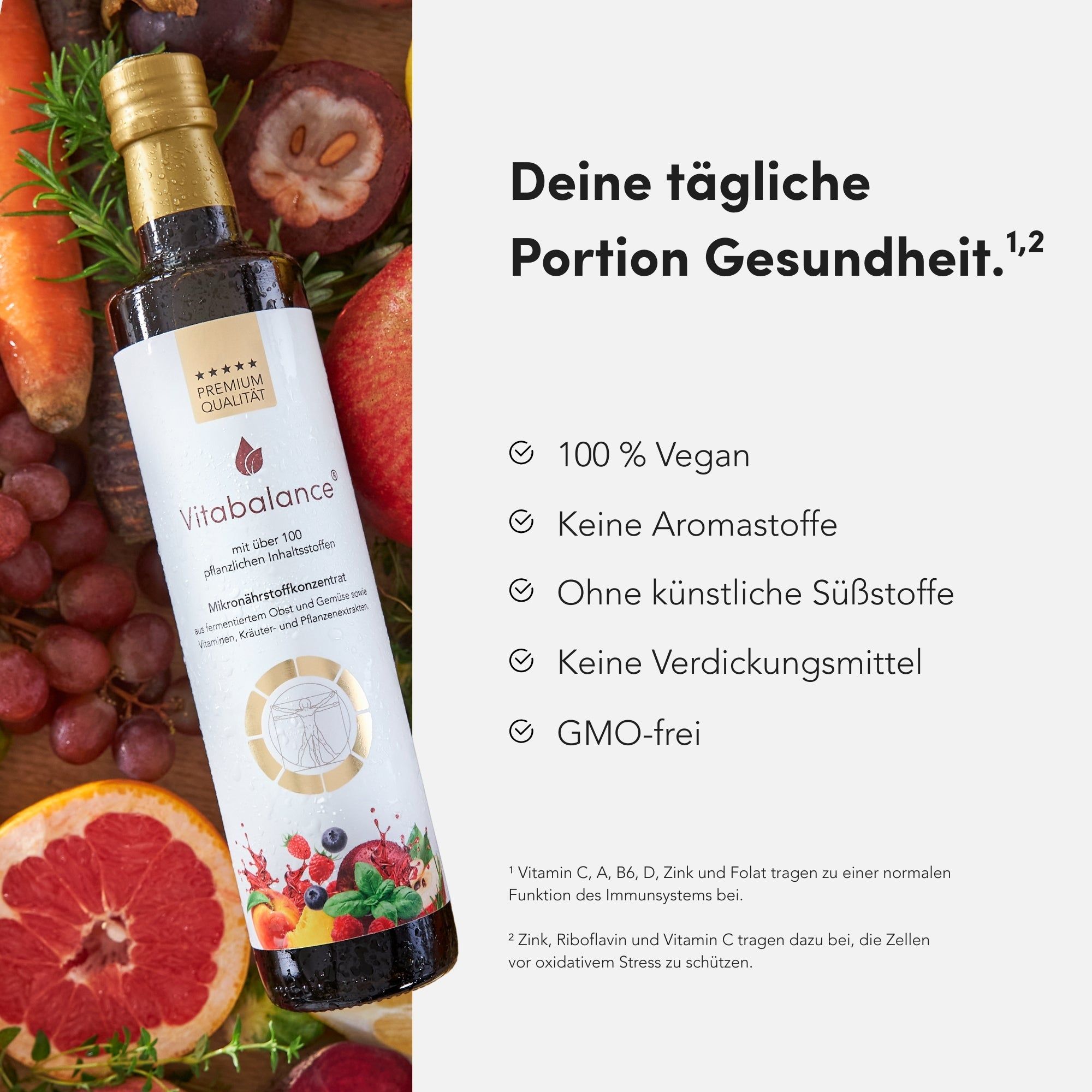 Vitabalance®-Flasche neben Obst und Gemüse. Text: Deine tägliche Portion Gesundheit. 100% vegan.