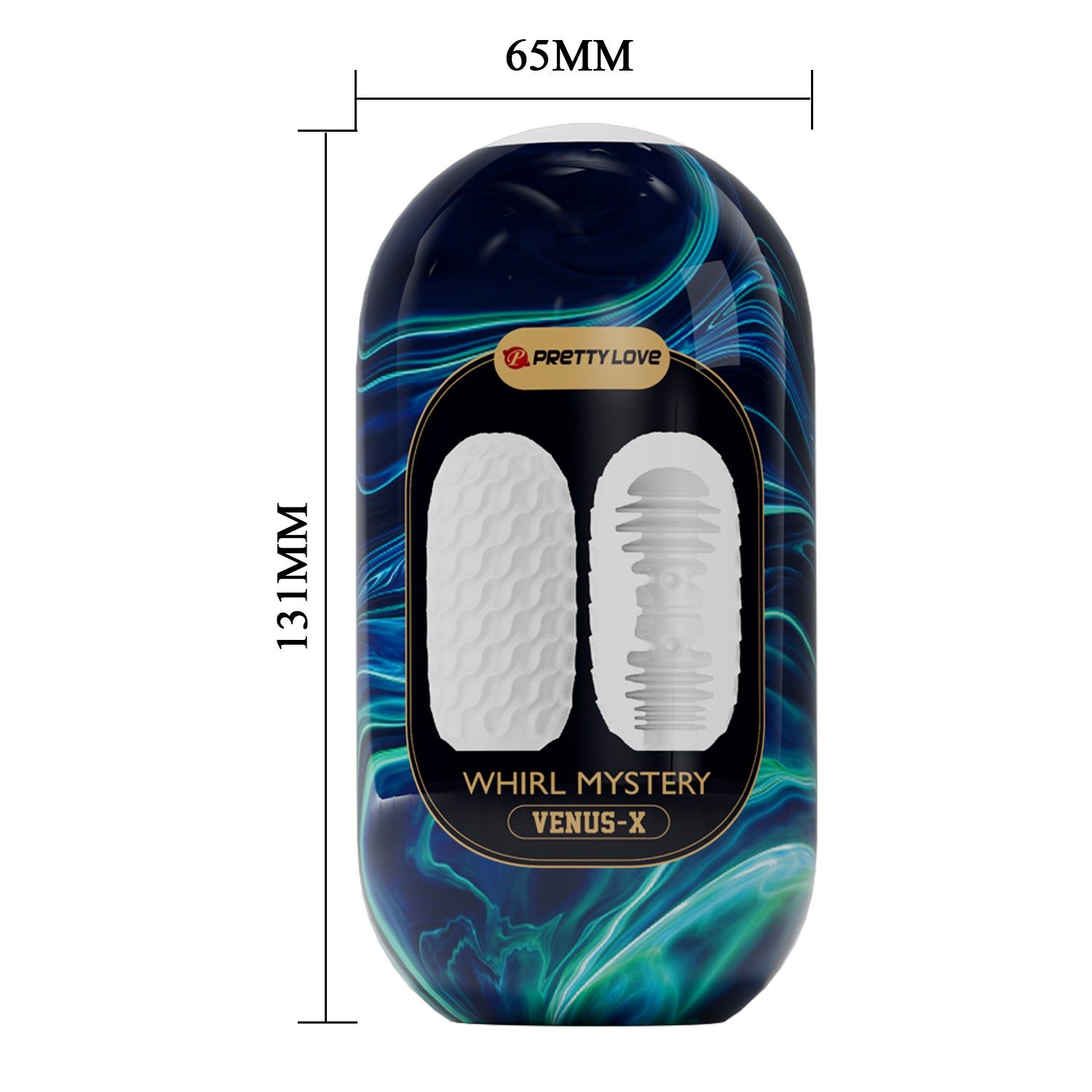 Ovales Produkt mit blau-grüner Verpackung, Text: VENUS-X, PRETTY LOVE. Maße: 131mm x 65mm. Produkt mit wellenförmiger Oberfläche.